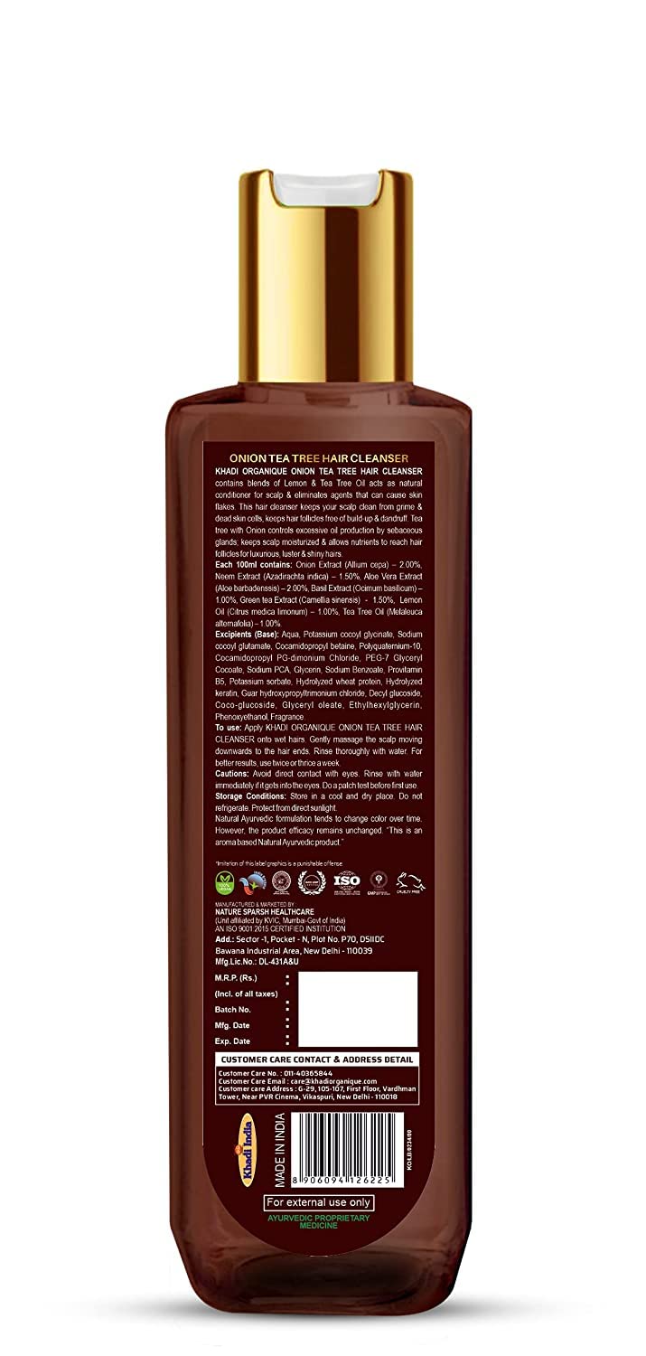 Organique Onion Tea Tree Shampoo for Dandruff Control & Hair Fall Prevention - Paraben Free, Silicone Free 200ml | Gentle Cleanser for Dry Scalp & Thinning Hair Care