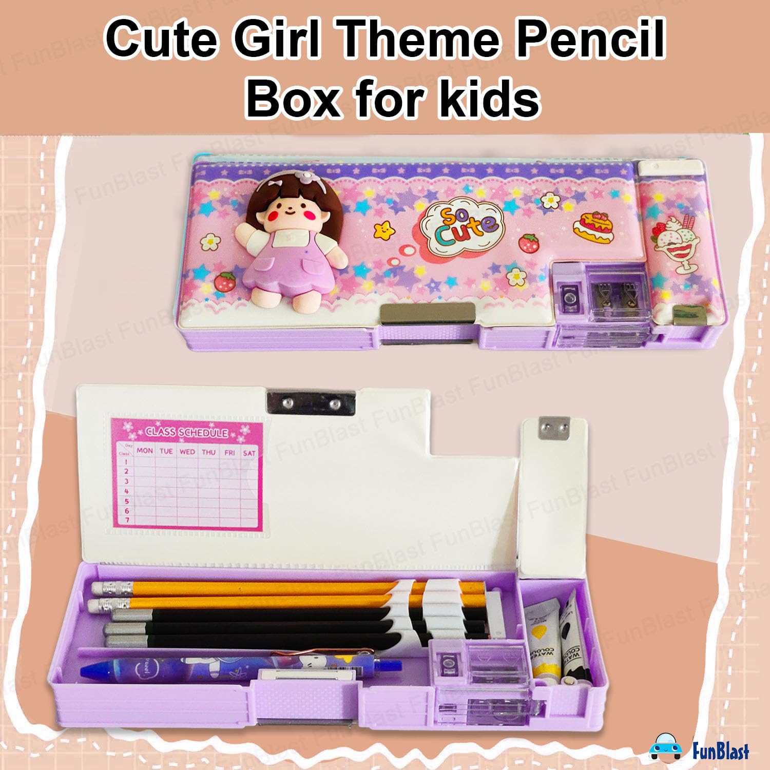 FunBlast Magnetic Pencil Case for Girls - Double Compartment School Supply Organizer with Geometry Tools | Cute Purple Stationery Box for Kids | Perfect for Classroom, Homework & Gift Giving