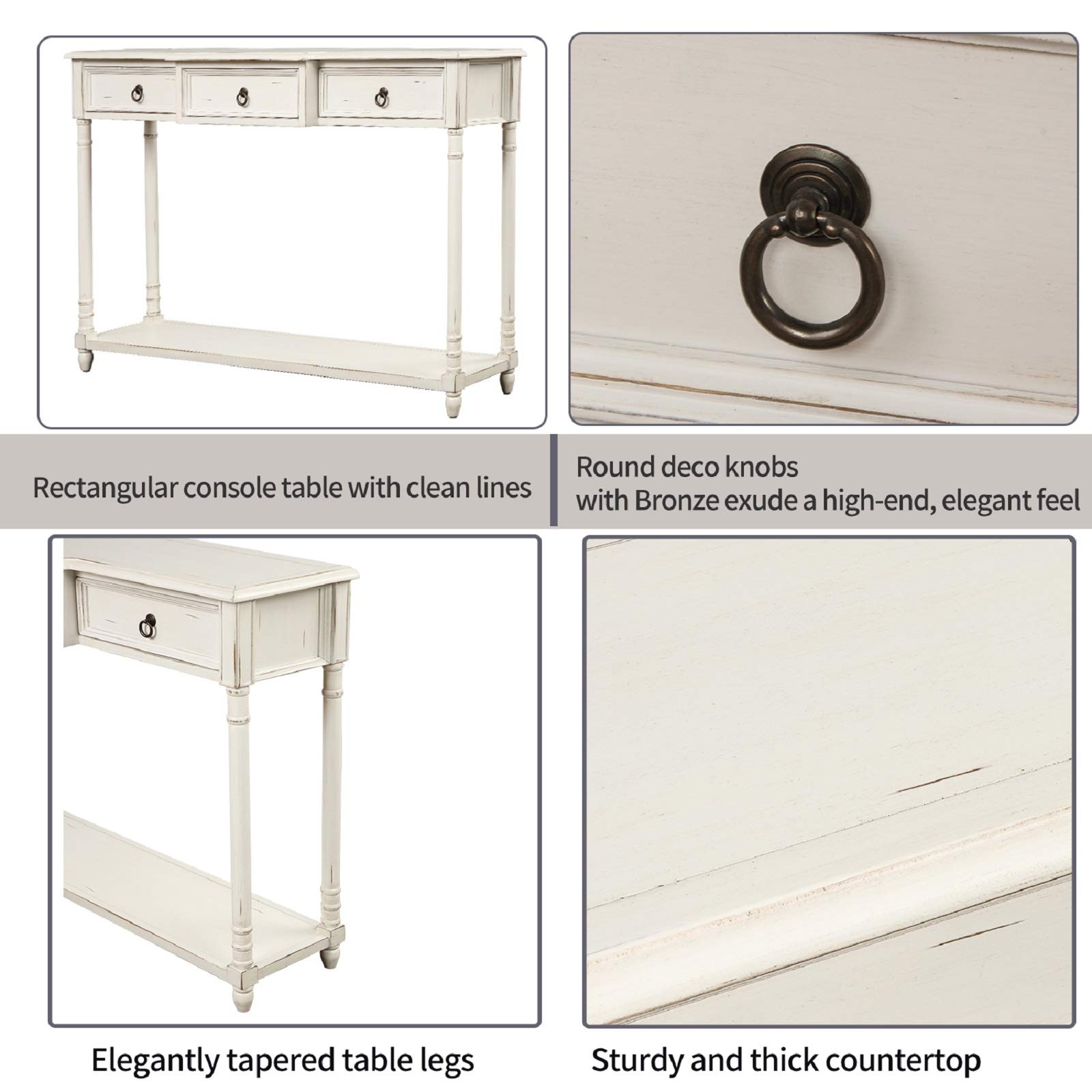 Rhomtree Wood Console Table with Storage Drawers & Bottom Shelf - Entryway Sofa Table, Long Sideboard for Living Room & Hallway - Antique White | Perfect for Small Space Organization & Home Decor