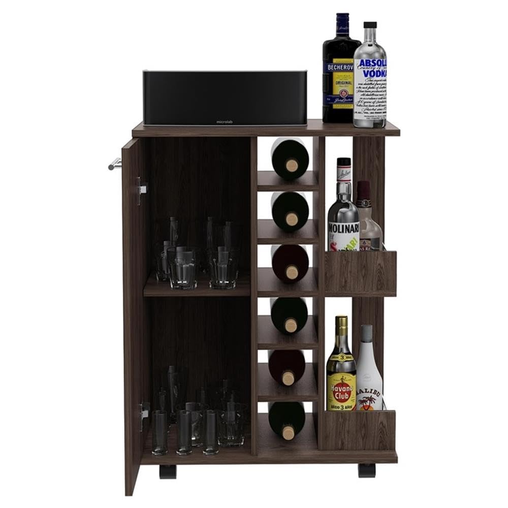 BOWERY HILL Contemporary Bar Cart Cabinet in Weathered Oak - Modern Rolling Drink Cart for Home Bar, Living Room & Outdoor Entertaining