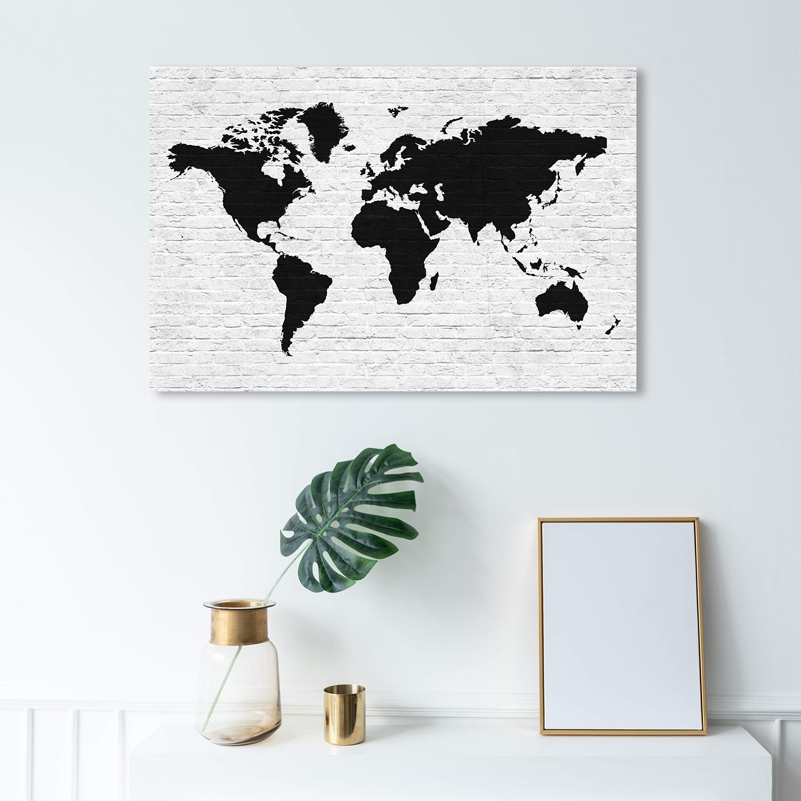 Oliver Gal Artist Co. 'Clean Brick Mapamundi' World Map Wall Art - 36x24 Inch Black & White Canvas Print for Home & Office Decor | Perfect for Living Room, Bedroom or Study
