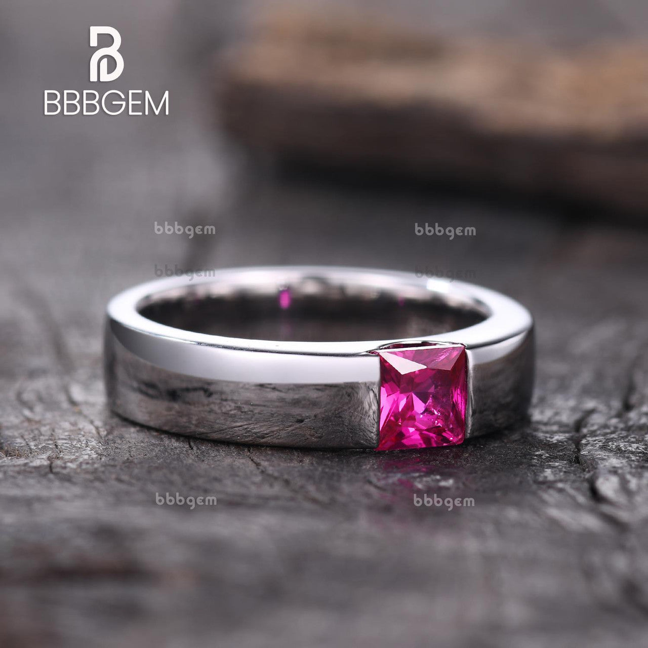 Flush Set Square Princess Cut Lab Ruby Men's Polished Wedding Band in 14K White Gold - Elegant Engagement Ring & Anniversary Gift for Him
