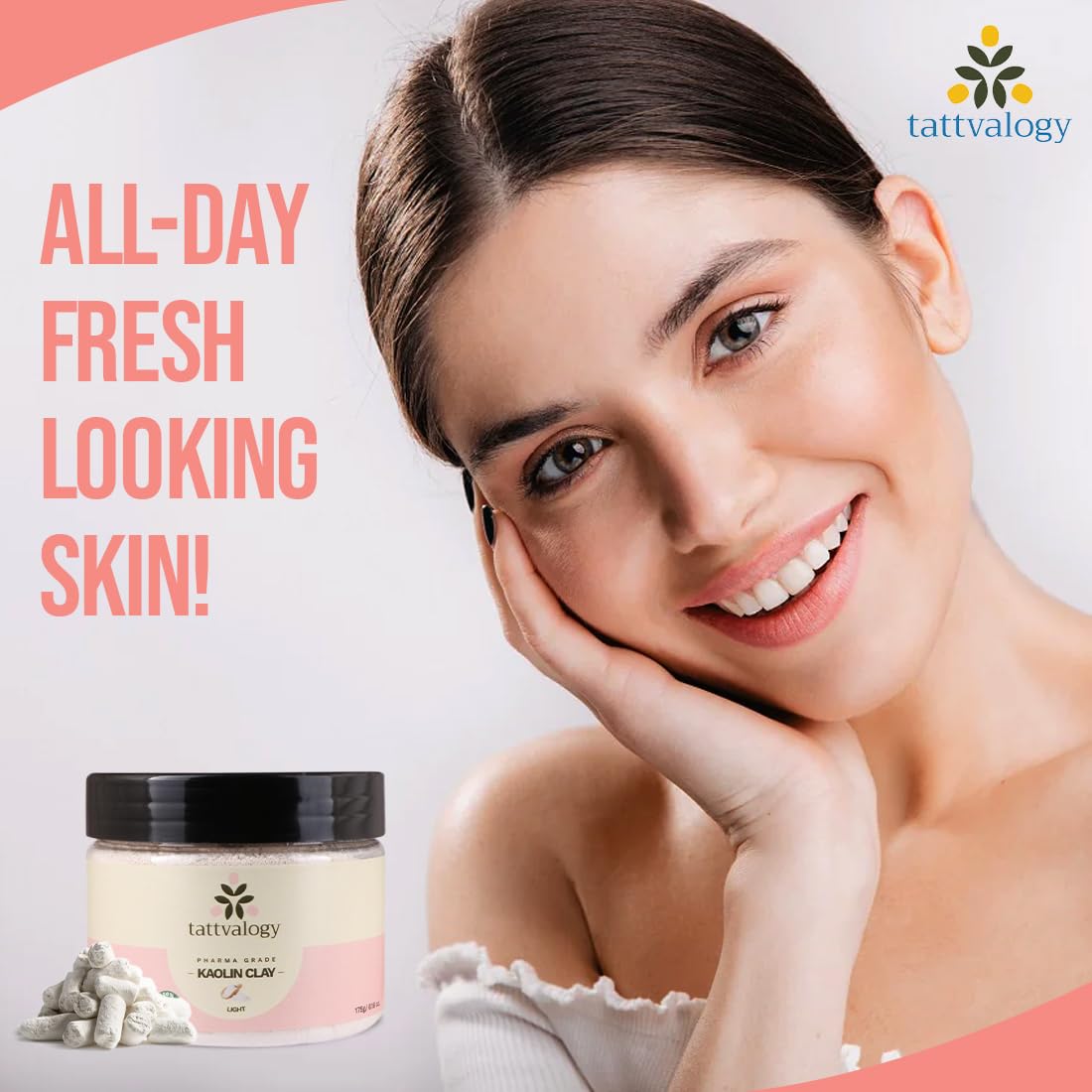 Tattvalogy Pharma Grade Kaolin Clay Powder - 175g | Organic White China Clay for Acne, Blackheads & Detan | Vegan, Paraben-Free Facial & Hair Mask in Glass Jar | Perfect for Spa Days & Skincare Routines