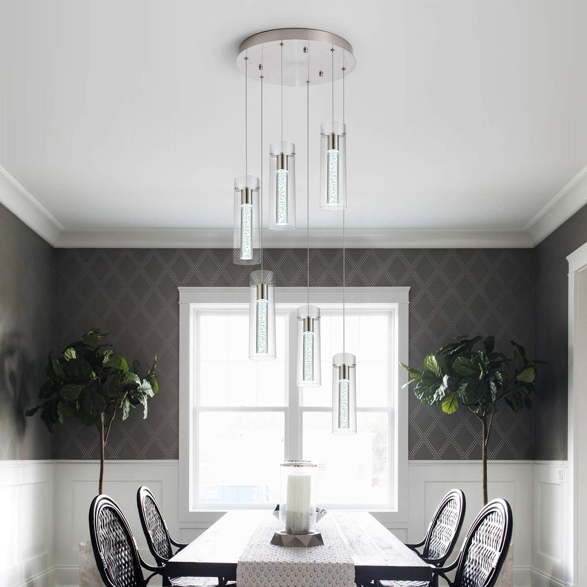 Modern Crystal Bubble Glass Pendant Lights - 6-Light Dimmable LED Kitchen Island Lighting Fixture (48W) for Dining Room, Restaurant & Home Decor - Elegant Ceiling Hanging Lights for Modern Interiors