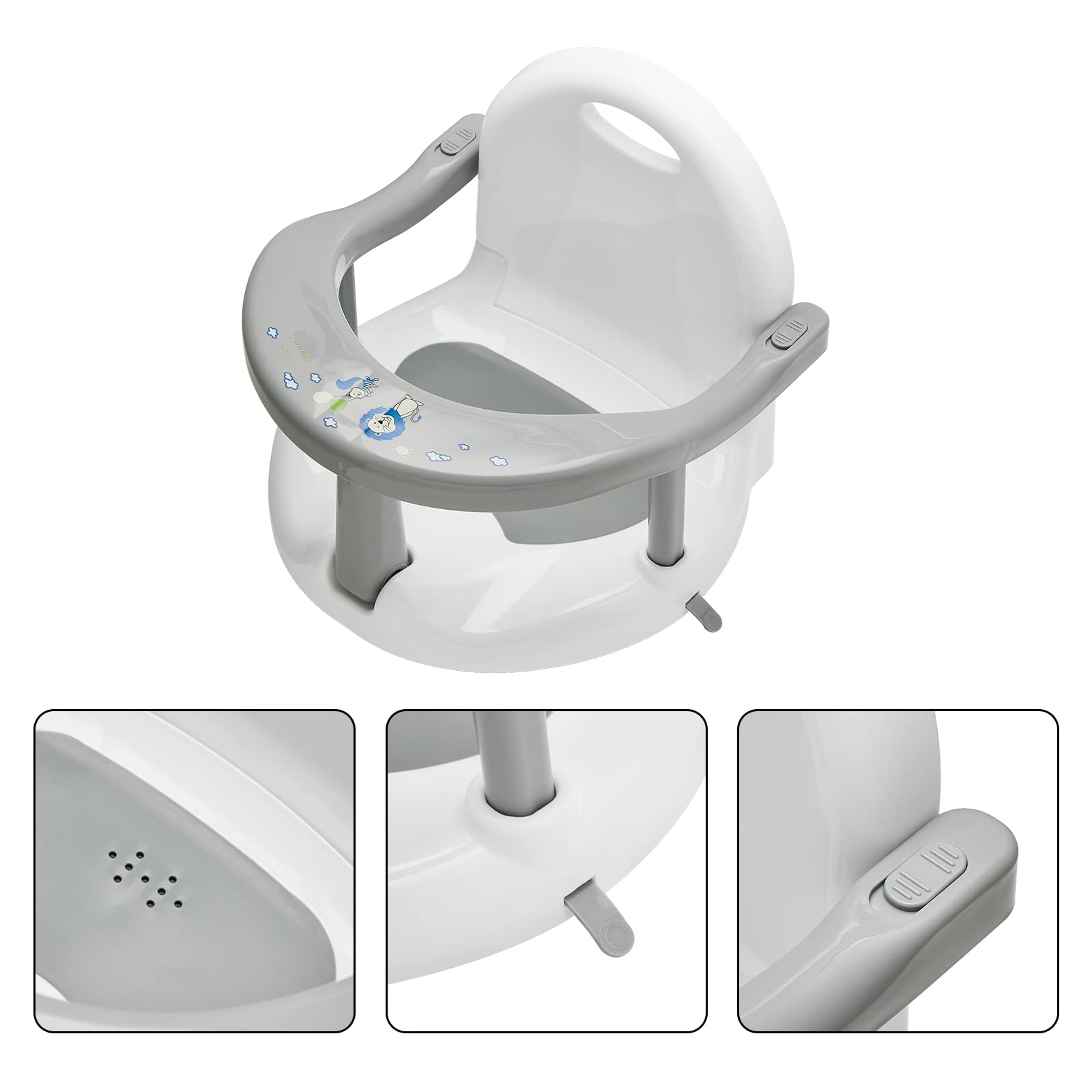 Foldable Non-Slip Baby Bath Seat with Suction Cups - Safe Bathtub Chair for Infants 6-18 Months (Grey) | Cute Design for Sitting Up | Perfect for Newborns & Toddlers in Bath Time Safety