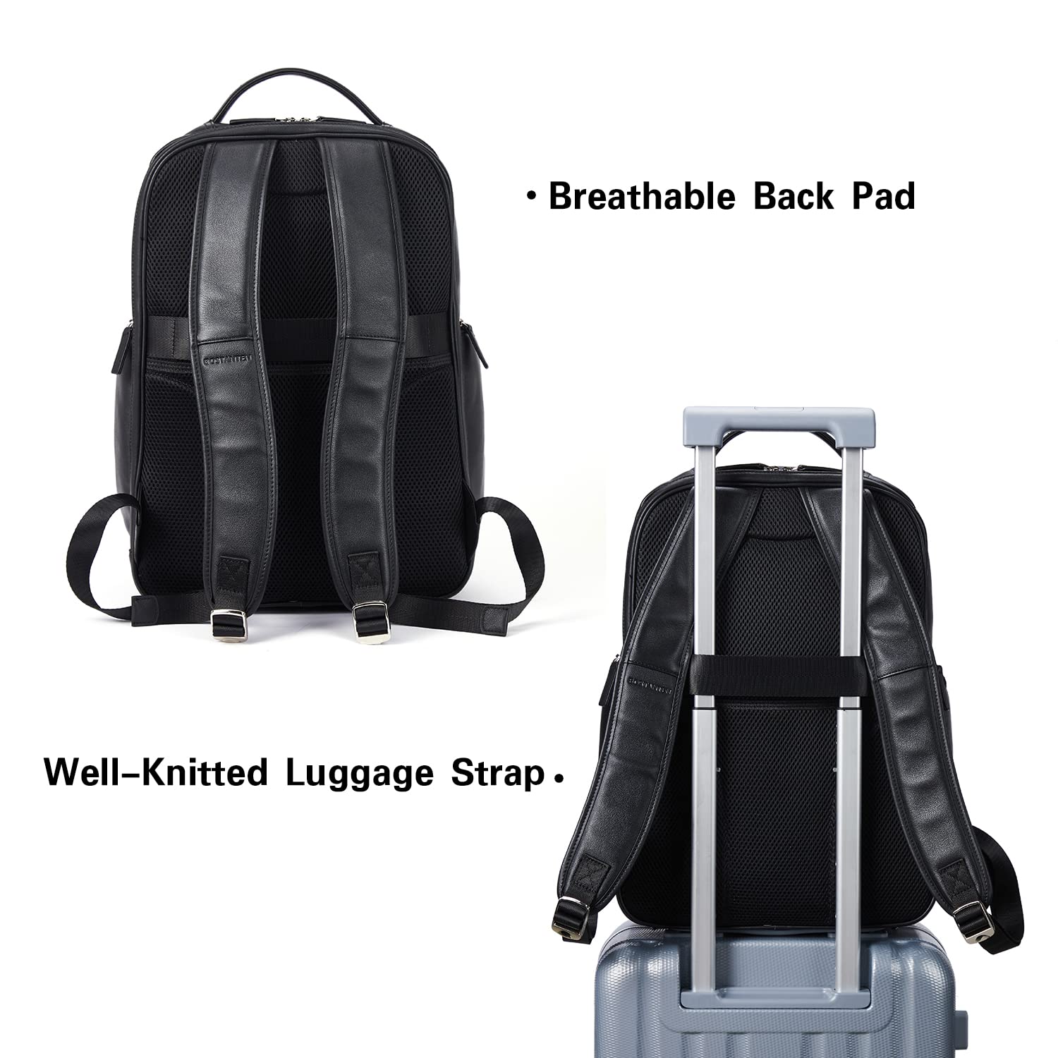 BOSTANTEN Genuine Leather Backpack for Men - 15.6 Inch Laptop Backpack with USB Charging Port - Waterproof College Travel Backpack for Work, School & Business - Black