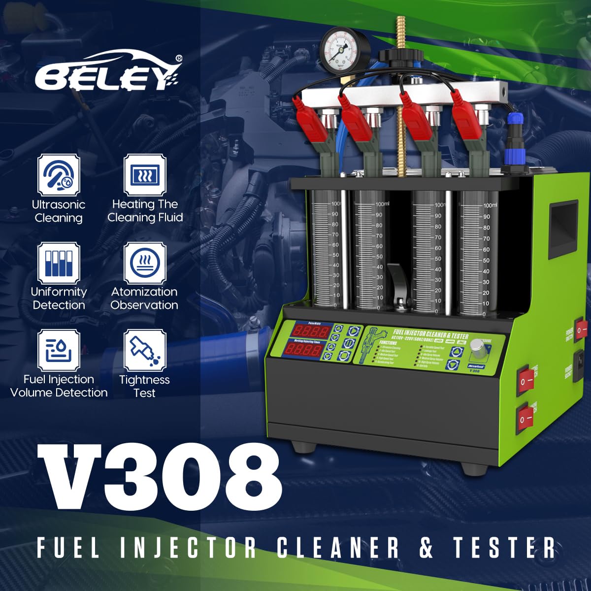 BELEY Fuel Injector Tester & Cleaner Machine for Car, Motorcycle - 4 Cylinder Ultrasonic Cleaning Tool for Gasoline & Diesel Engines (V308) | Professional Automotive Maintenance & Repair Equipment