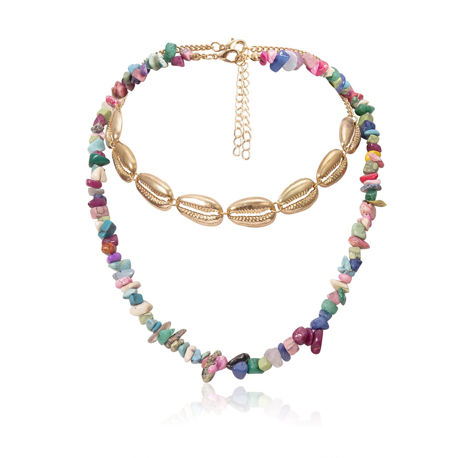 Dainty Layered Necklace for Women - 2PCS Gold Shell & Stone Pendant Chain Jewelry Set, 39CM | Perfect for Layering, Everyday Wear & Gift Giving