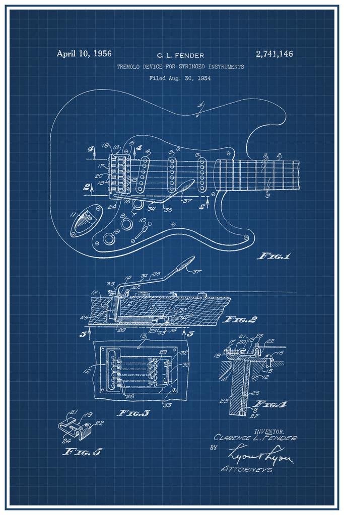 Vintage 1956 Electric Guitar Blueprint Poster - Laminated 24x36 Inches, Official Patent Office Design for Music Lovers & Band Decor | Perfect for Home Studio, Music Room, and Rock 'n' Roll Themed Spaces