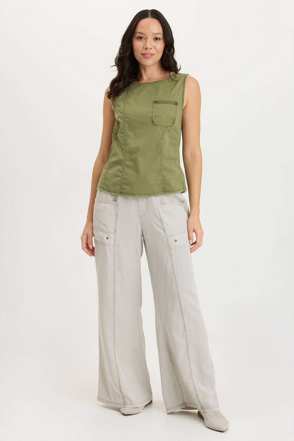 Landis Perforated Poplin & Jersey Pocket Tank Top - Breathable Summer Casual Tee for Women | Perfect for Beach, Gym, and Everyday Wear