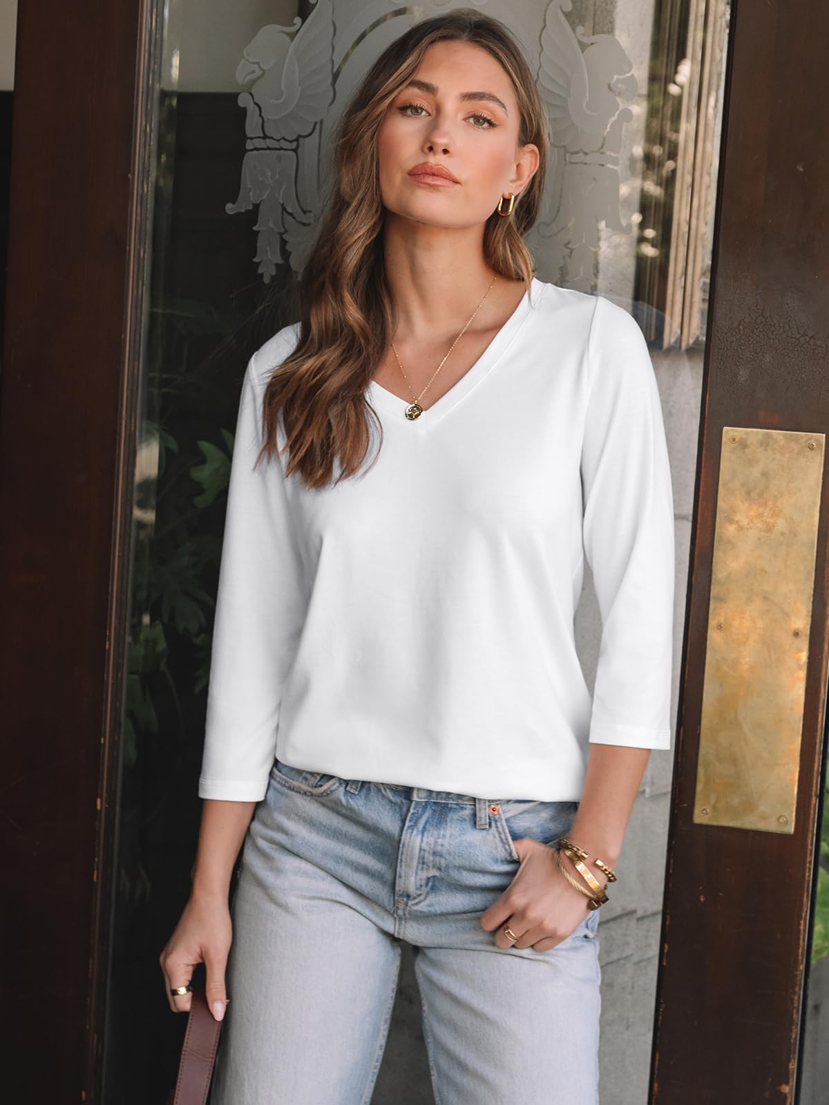 AUTOMET Women's 3/4 Sleeve V-Neck Tunic Top - 2025 Summer Casual & Work Blouse - Spring Office Wear, Weekend Outfits & Daily Comfort