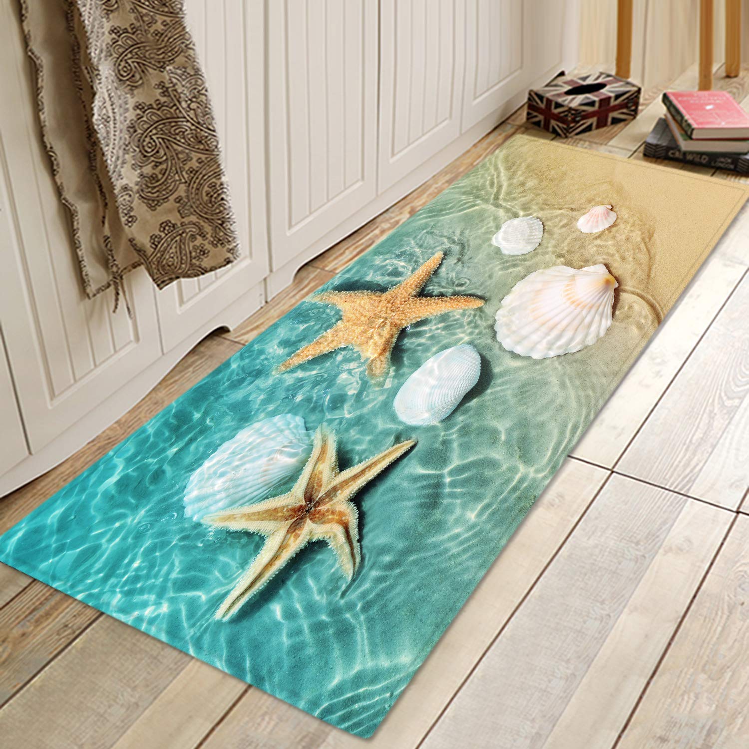Non-Slip Bath Rugs - Super Absorbent Sponge Foam Bath Mat with 3D Starfish Print, Soft Flannel Backing for Bathroom, Kitchen & Laundry Room - Water Absorbing Floor Mat for Wet Areas, Beach-Themed Home Decor