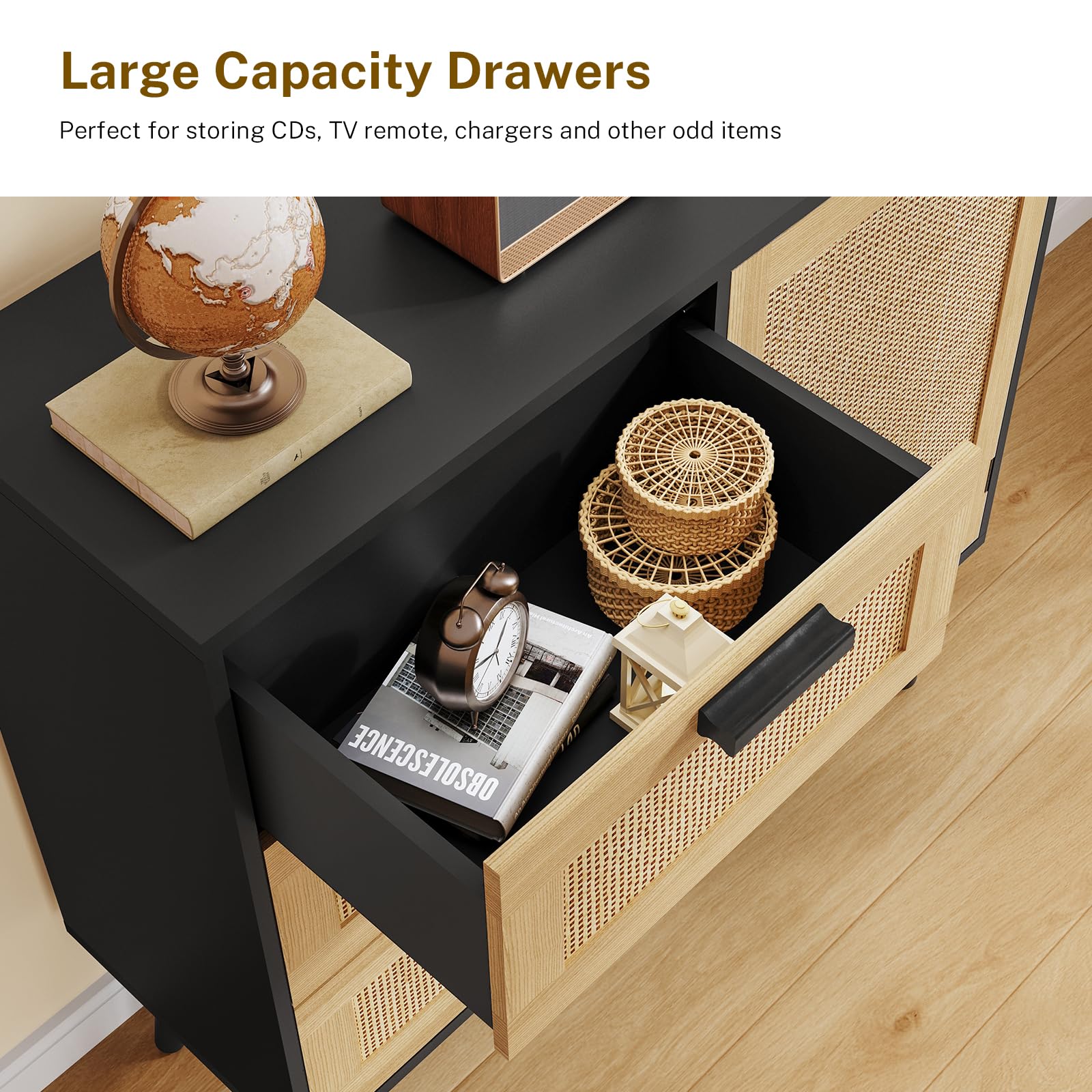 Iwell Rattan Storage Cabinet with 3 Drawers & Adjustable Shelf - Entryway, Living Room, Dining Room Accent Cabinet - Black & Natural for Home Organization & Stylish Decor