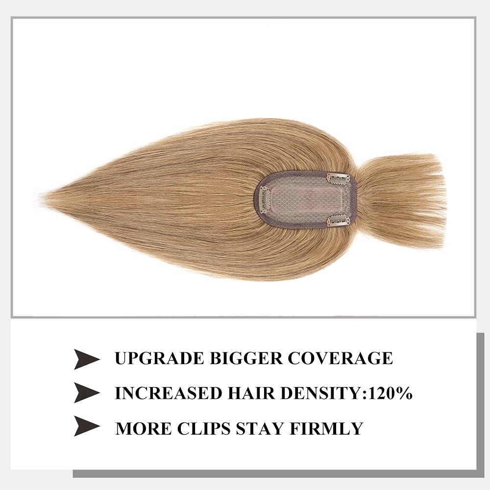 MY-LADY 150% Density Human Hair Toppers With Bangs - 16 Inch Dark Blonde Silk Base Clip-in Hairpiece for Women with Thinning Hair & Hair Loss | Natural Look for Daily Wear, Parties & Special Occasions