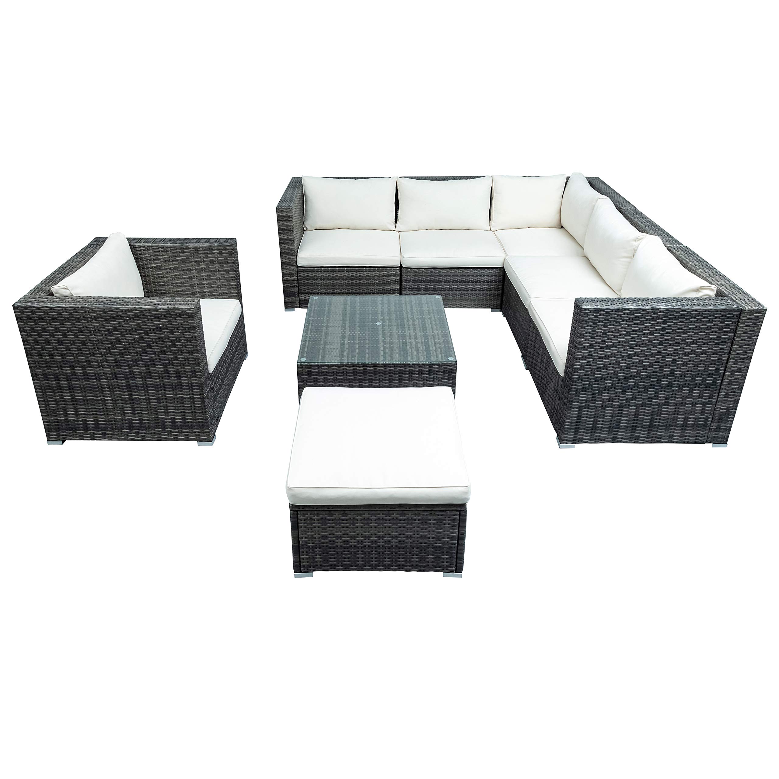 **Merax 8-Piece Patio Furniture Set - All-Weather Outdoor PE Rattan Sectional Sofa with Cushions, Ottoman & Coffee Table - Grey & Beige - Perfect for Backyard, Garden, Poolside & Balcony Relaxation**