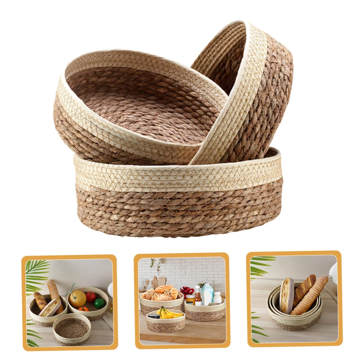 PRETYZOOM Rustic Farmhouse Woven Storage Basket Set - 3-Piece Round Bread & Fruit Basket Collection for Kitchen, Dining Room Decor & Organizing (Natural Fiber, Decorative Storage Boxes) - Perfect for Farmhouse Style Homes, Picnics & Gift Giving