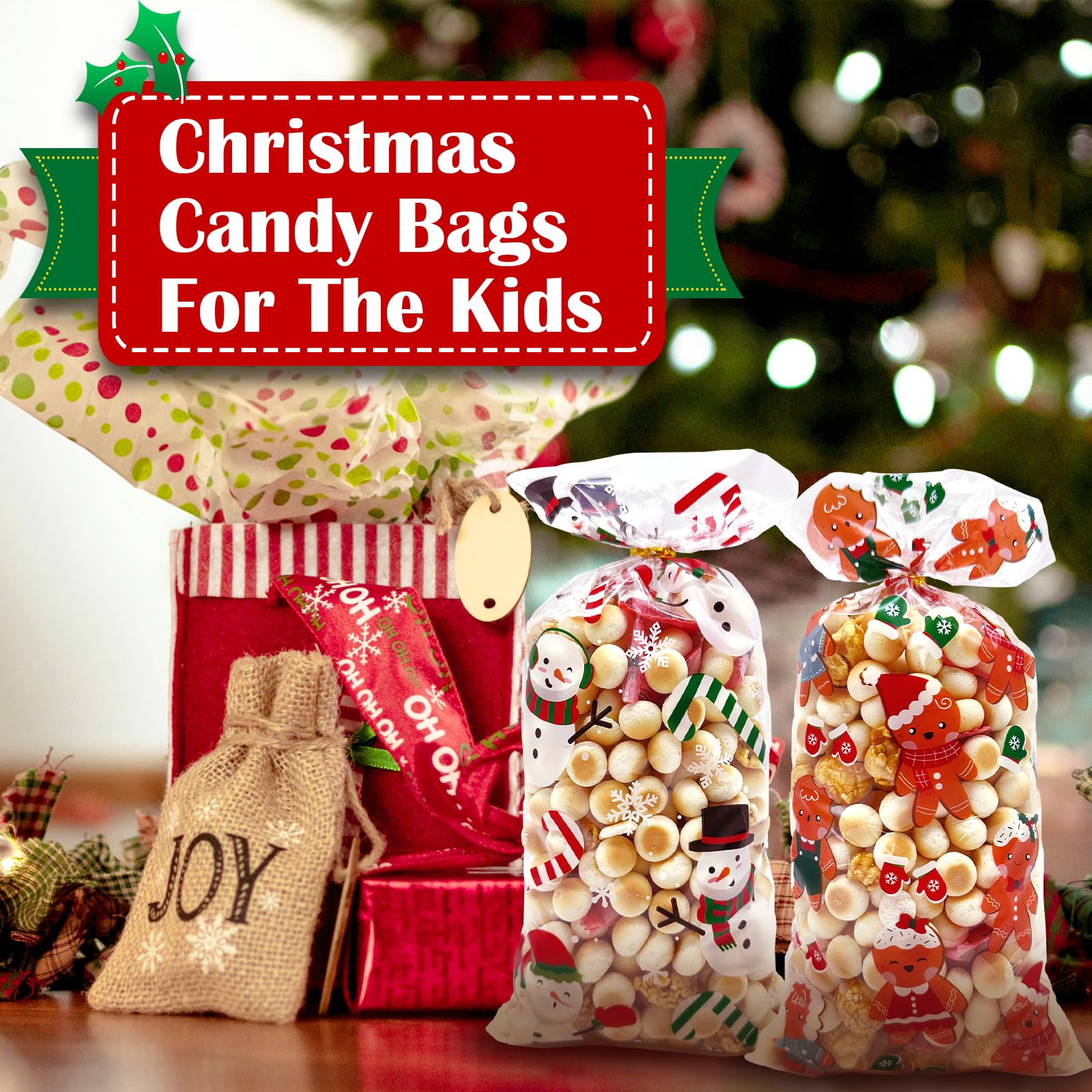ONFAON Christmas Cellophane Treat Bags - 180pcs Holiday Candy Bags with 200pcs Twist Ties for Snacks, Cookies & Candy Packaging | Perfect for Christmas Party Favors, Gift Wrapping & Holiday Treat Bags