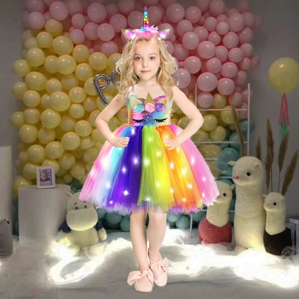 Sparkly Sequin Unicorn Princess Costume for Girls | Light Up Tutu Dress for Birthday Party, Halloween, Christmas | Magical Fairy Tale Dress-Up Play & Photo Shoots