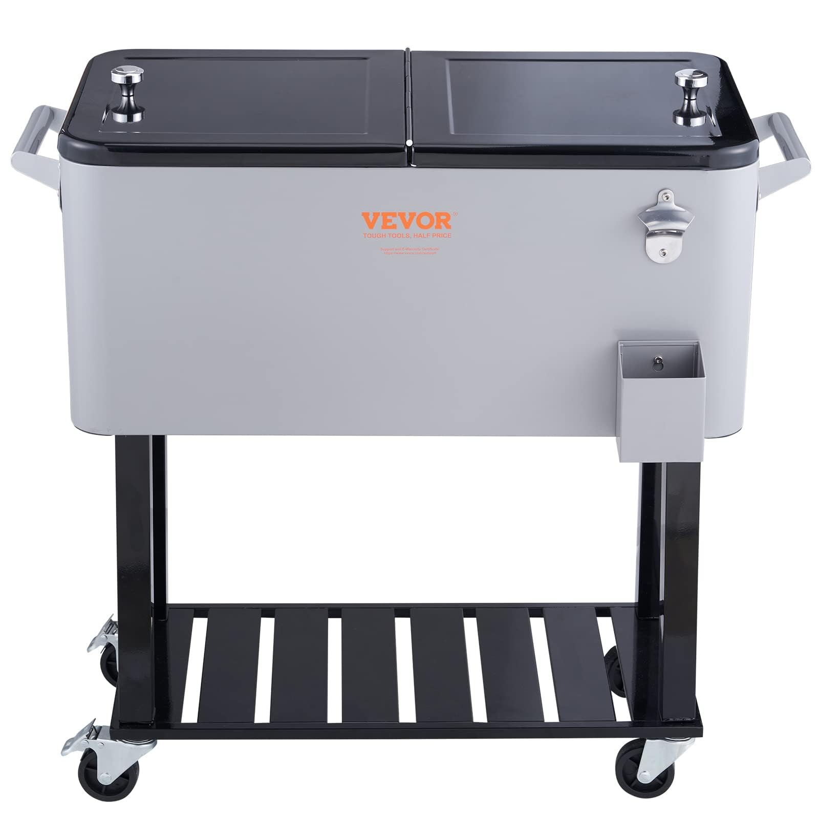 VEVOR 80 Quart Rolling Ice Chest Cooler Cart with Wheels & Handles - Portable Beverage Cooler for Drinks, Beer, Wine - Outdoor Bar Cart for Patio, Backyard, Pool Parties, Camping & Tailgating - Includes Bottle Opener (Silver)