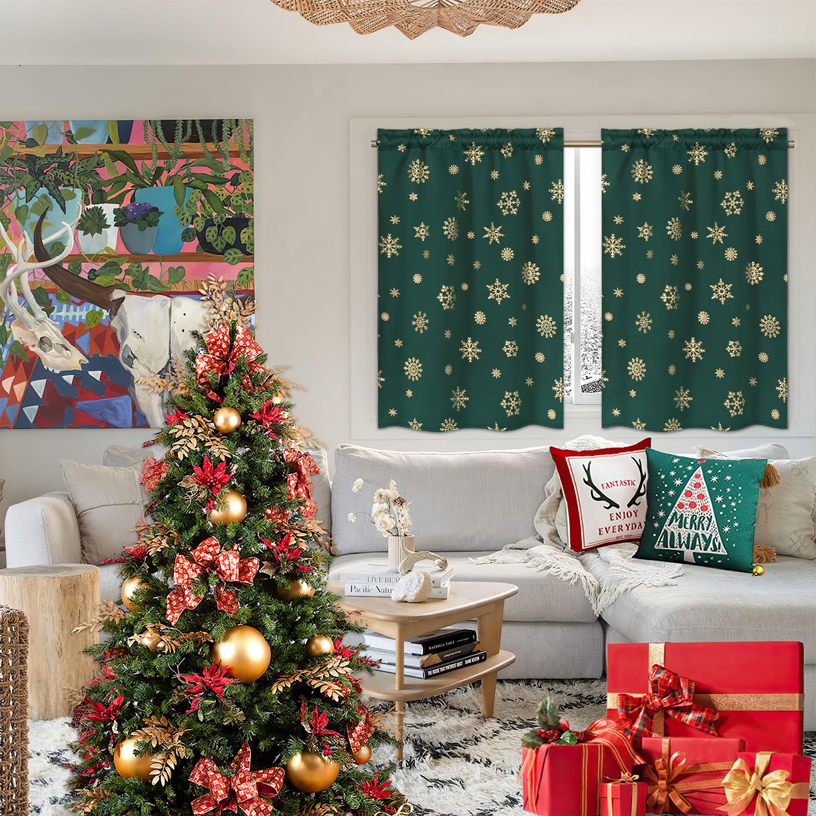 FRAMICS Gold Snowflake Foil Print Christmas Tier Curtains - 36 Inch Length Green Kitchen Curtains with Rod Pocket, 26