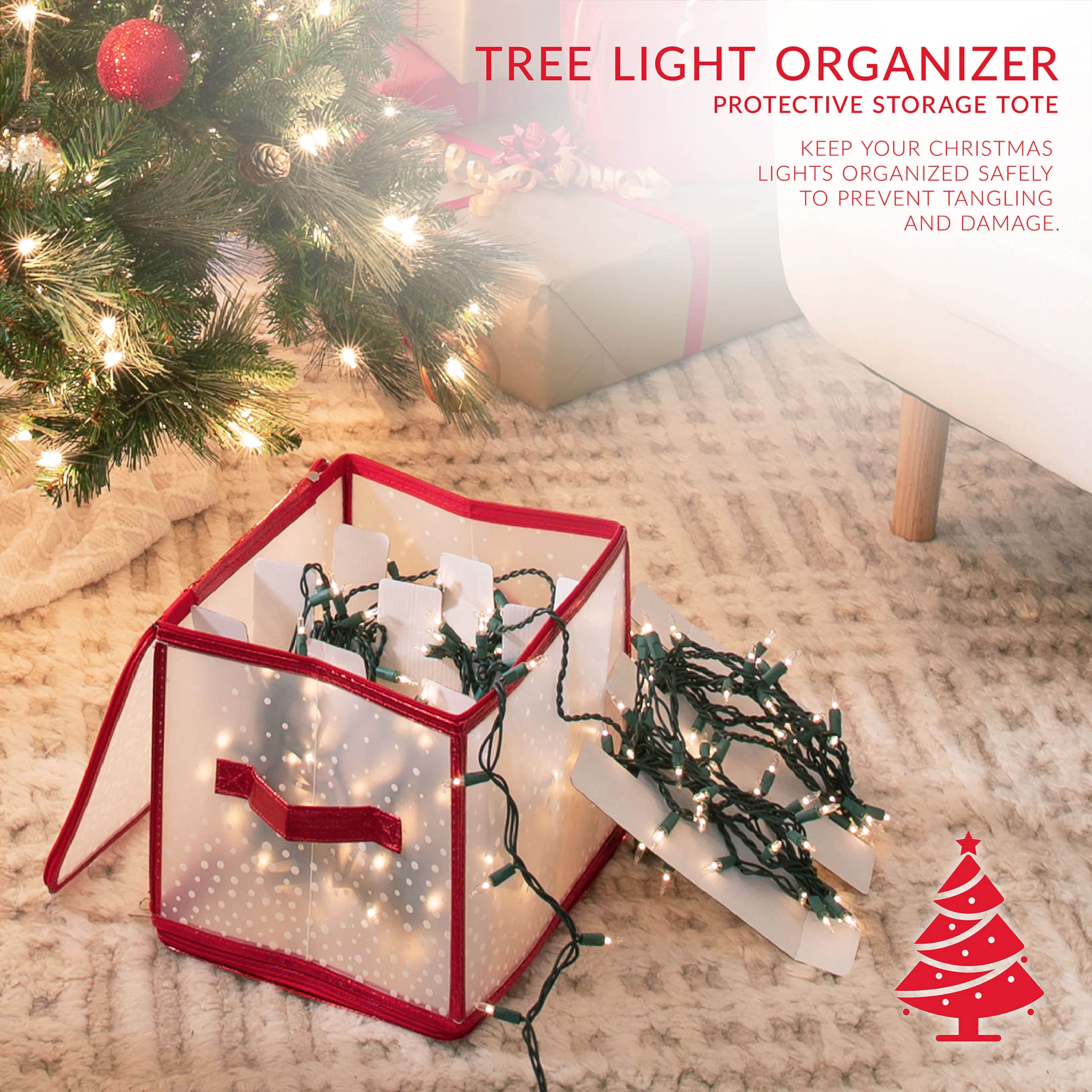 Simplify Holiday Light Organizer Box - Stores 500 Christmas Lights with 5 Divider Reels | Collapsible Storage Solution for Tree String Lights | Ultra Zip Red Design | Perfect for Holiday Decor Organization & Off-Season Storage