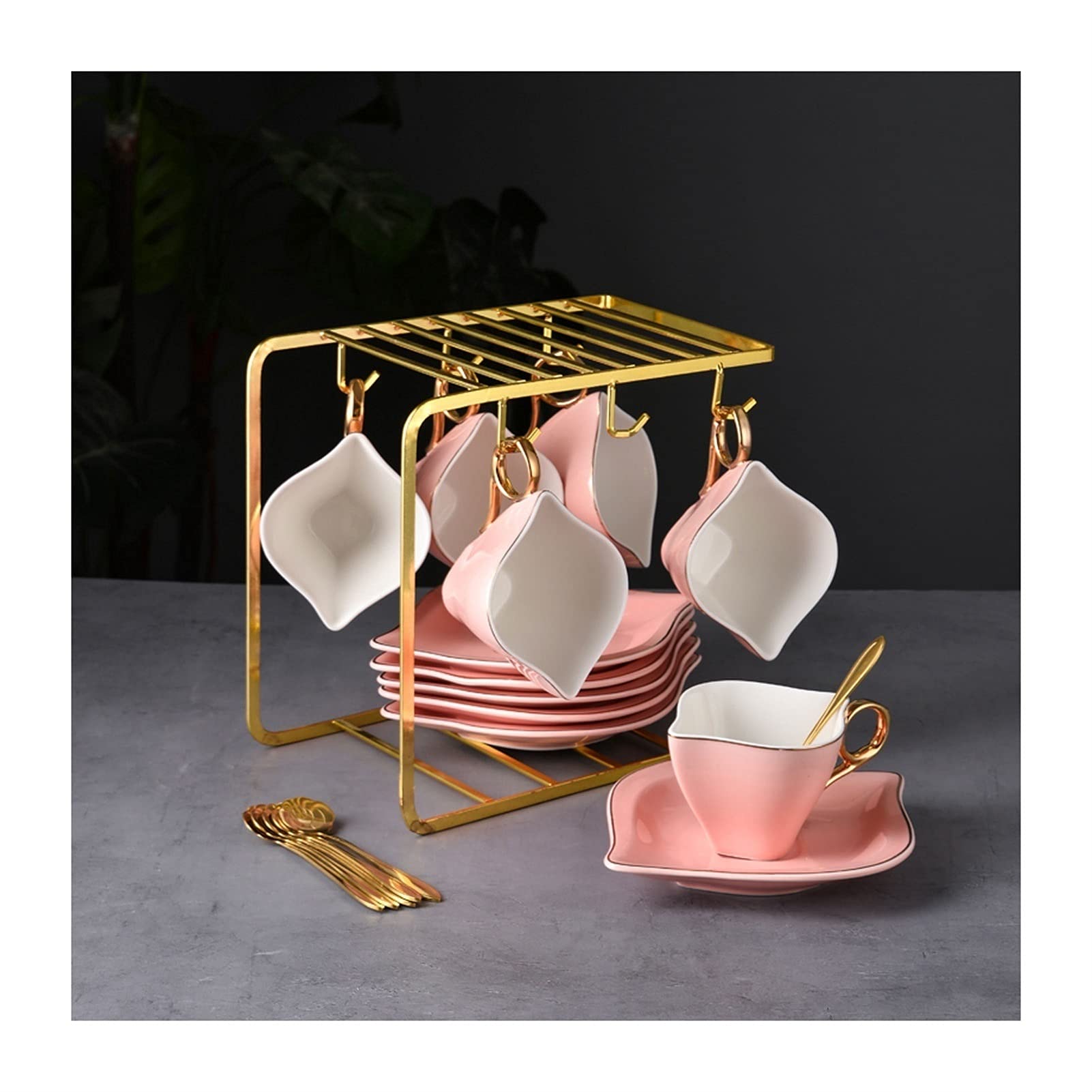 liushop 6-Piece Porcelain Coffee Mug Set with Saucers & Teaspoons - 200ml/6.8oz Ceramic Tea Cups for Home, Office, and Gifts - Includes Display Stand for Elegant Serving
