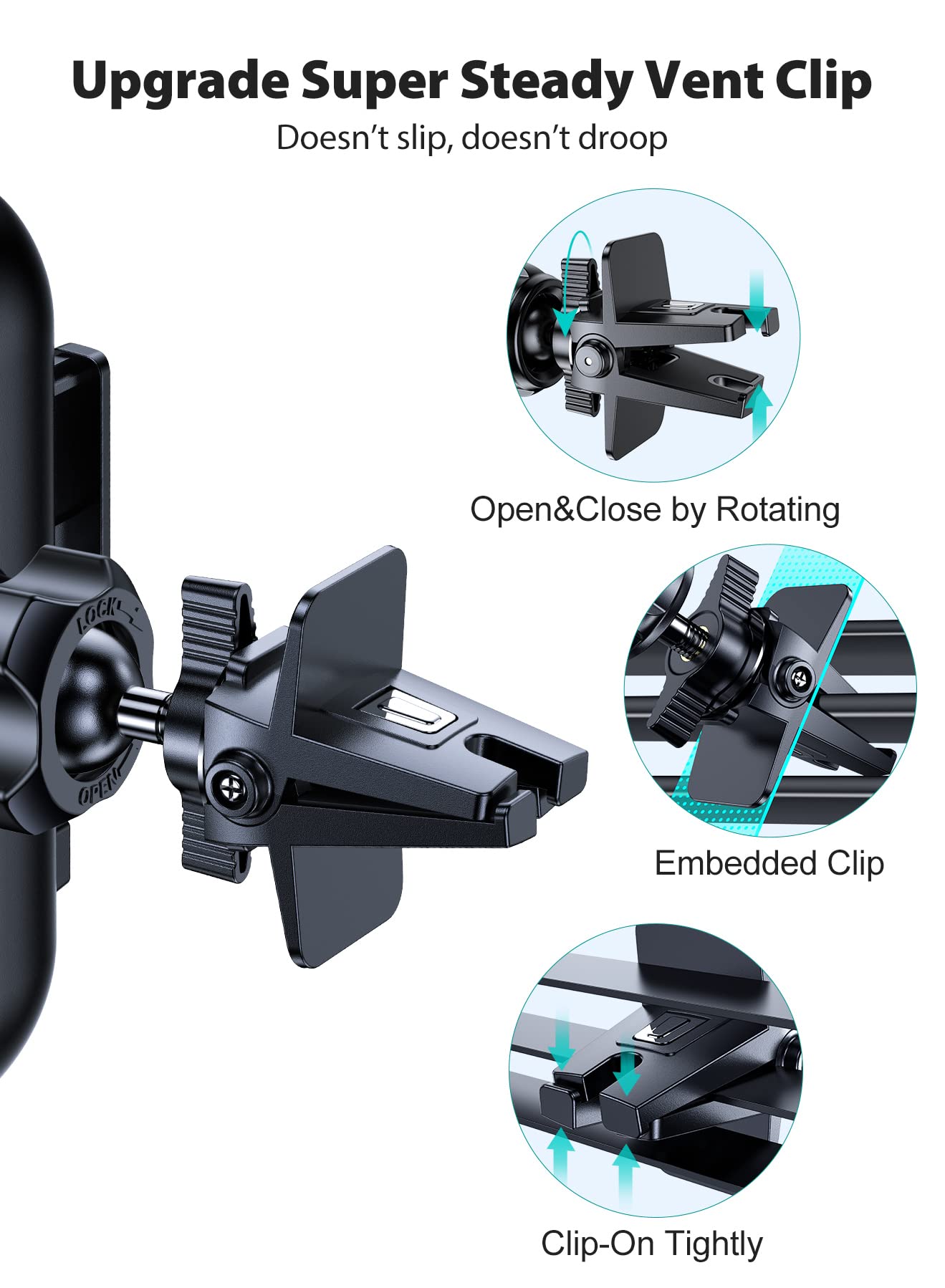 VICSEED Air Vent Clip Car Mount - Twist-Lock Anti-Shake Grip, 17mm Ball Head Universal Phone Holder for Safe Driving & Hands-Free Navigation