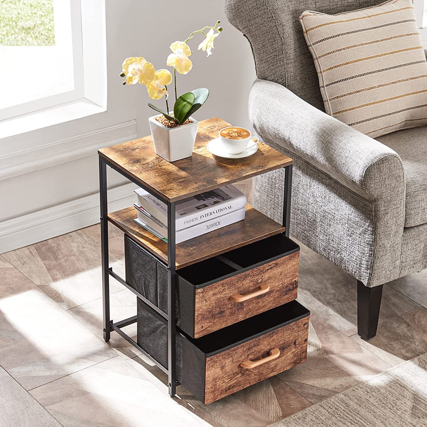 Industrial Nightstand with 2 Drawers & Shelf - Rustic Brown Bedside Table for Bedroom/Living Room Storage