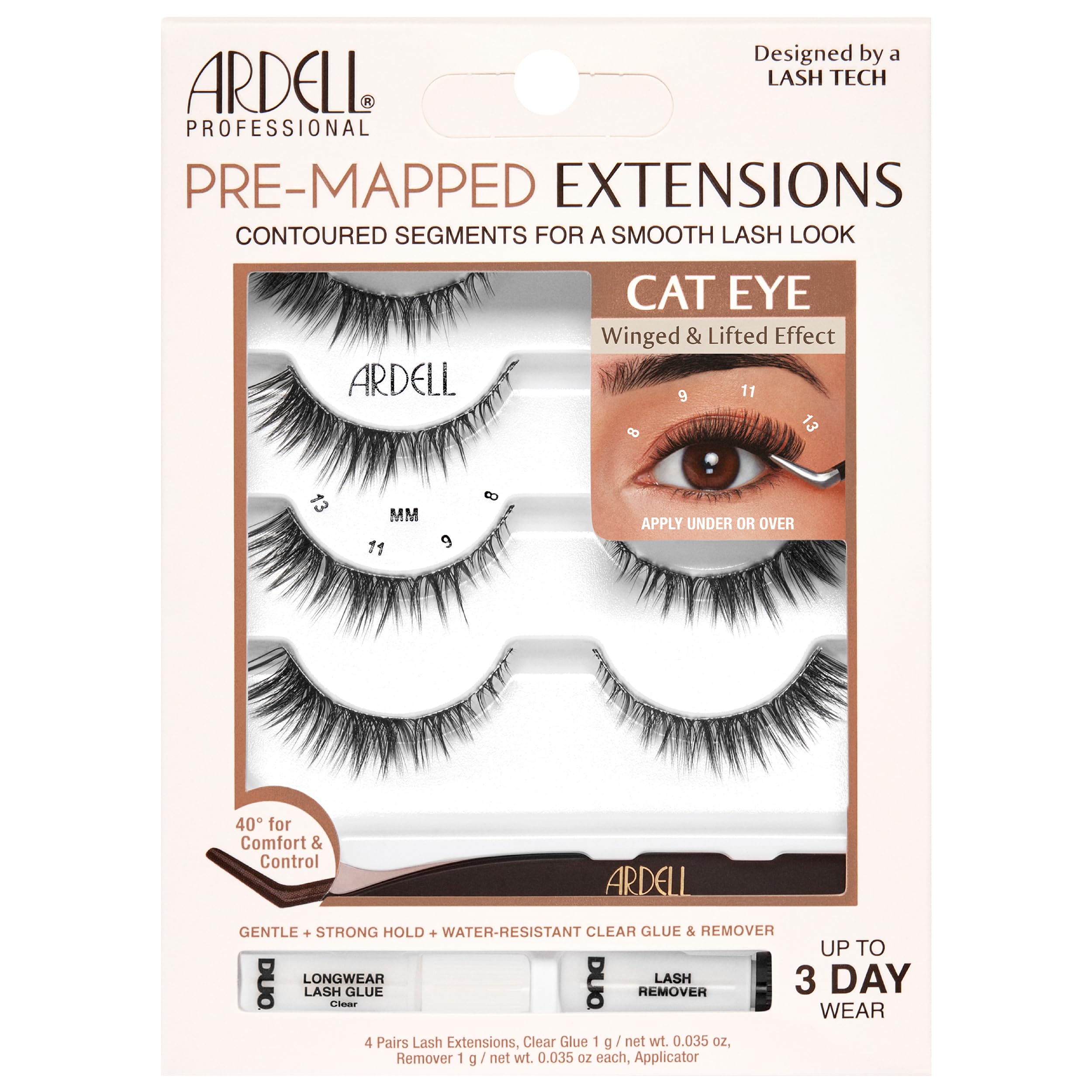Ardell Pre-Mapped Eyelash Extensions Kit - False Lashes Cat Eye Style, Reusable Segmented Lash Strips with Lash Glue & Remover, 4-Pack for Dramatic Eye Makeup - Perfect for Parties, Weddings & Special Occasions