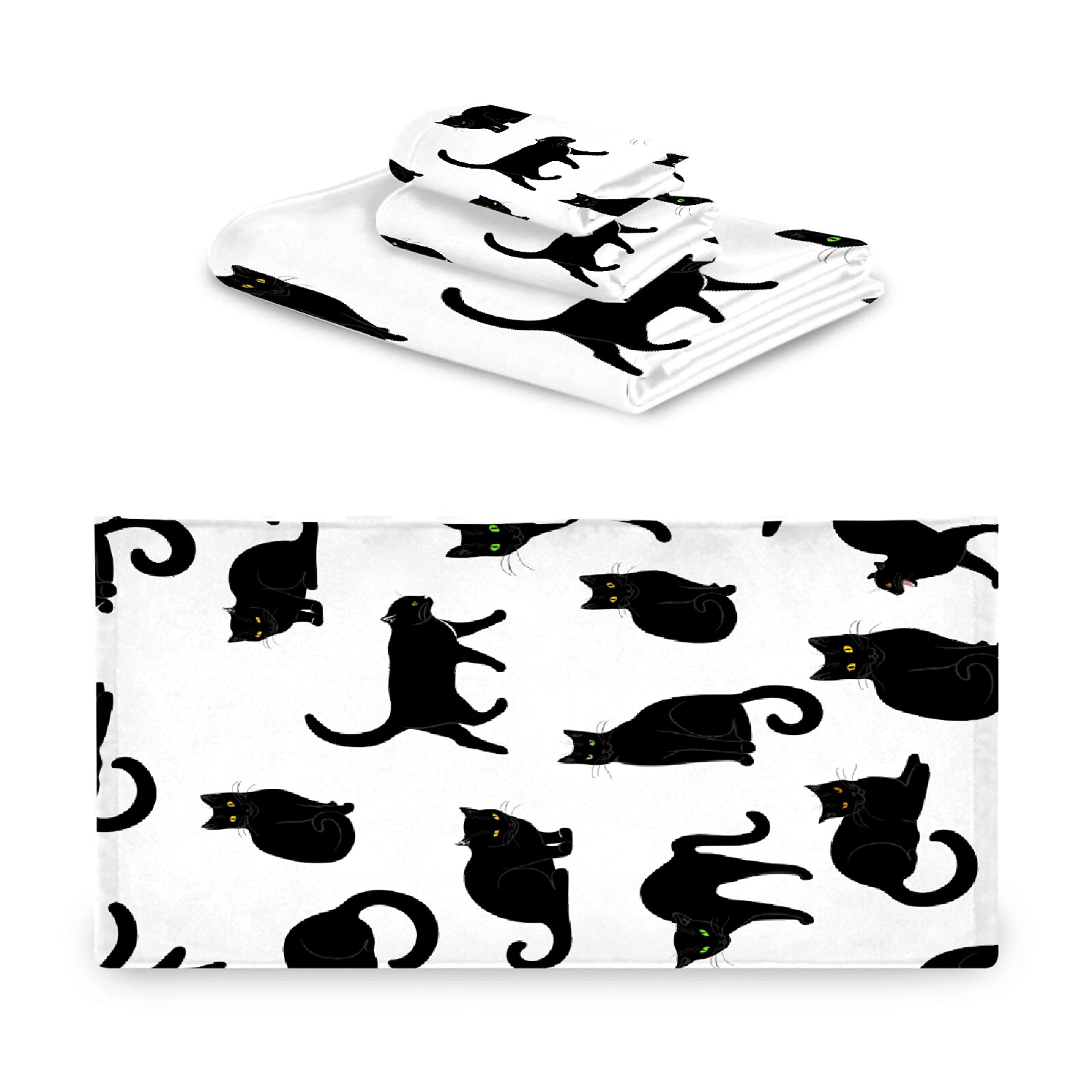 Premium Black Cat 3-Piece Bath Towel Set - 1 Bath Towel, 1 Hand Towel, 1 Washcloth - 100% Cotton Soft Absorbent Quick-Dry Towels for Bathroom, Kitchen & Home Decor - Perfect Gift for Cat Lovers & Cozy Home Essentials