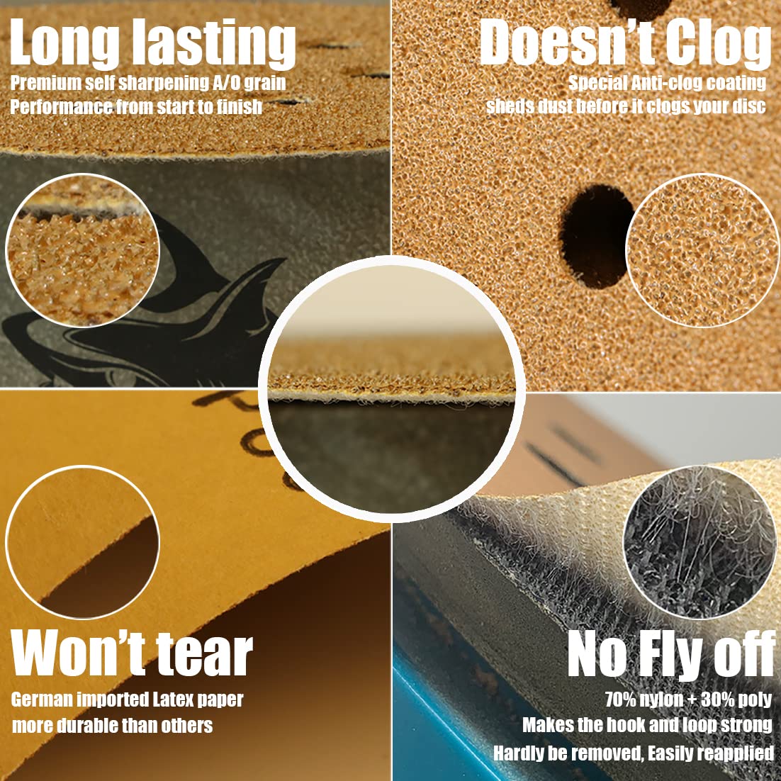 TigerShark 6 Inch 17 Hole Sanding Discs - 50pcs Assorted Grit 80/100/120/150/220 - Anti-Clog Coating Gold Line Hook & Loop for Dustless Random Orbital Sander - Perfect for Woodworking, Metal Polishing & DIY Home Projects
