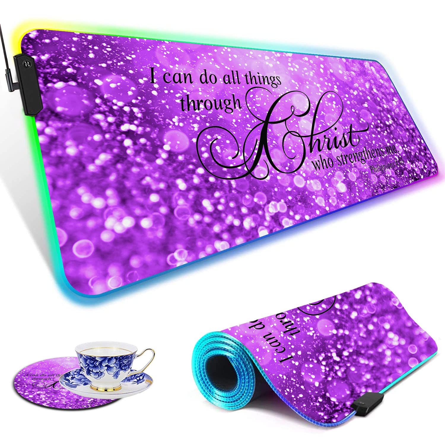 RGB Gaming Mouse Pad with LED Lights - Large Non-Slip Desk Mat for Keyboard & Mouse - Waterproof Optical Surface - Purple Bible Verse Design (Philippians 4:13) - Perfect for PC Gaming, Office Work & Home Computer Setup