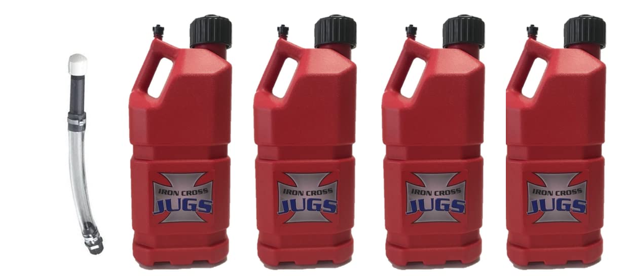 4 Pack Red Iron Cross 5 Gallon Utility Jugs with Deluxe Filler Hose - Heavy Duty Water Storage Containers for Camping, Emergency Preparedness & Outdoor Activities - BPA Free & Durable Design