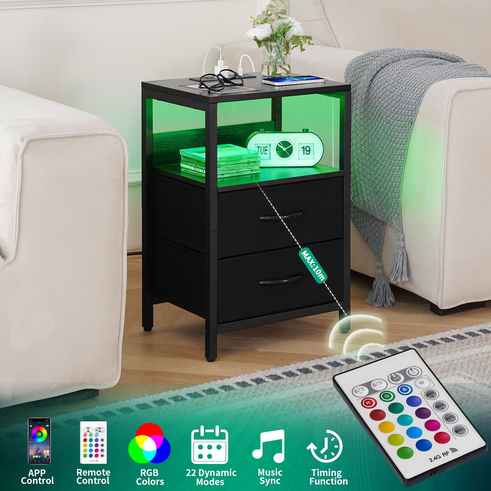 Yoobure Nightstand with Charging Station - LED Bedside Table with USB Ports & Outlets, Fabric Drawers & Storage Shelf - Small Night Stand for Bedroom | Perfect for Phone Charging, Reading Light & Bedside Storage
