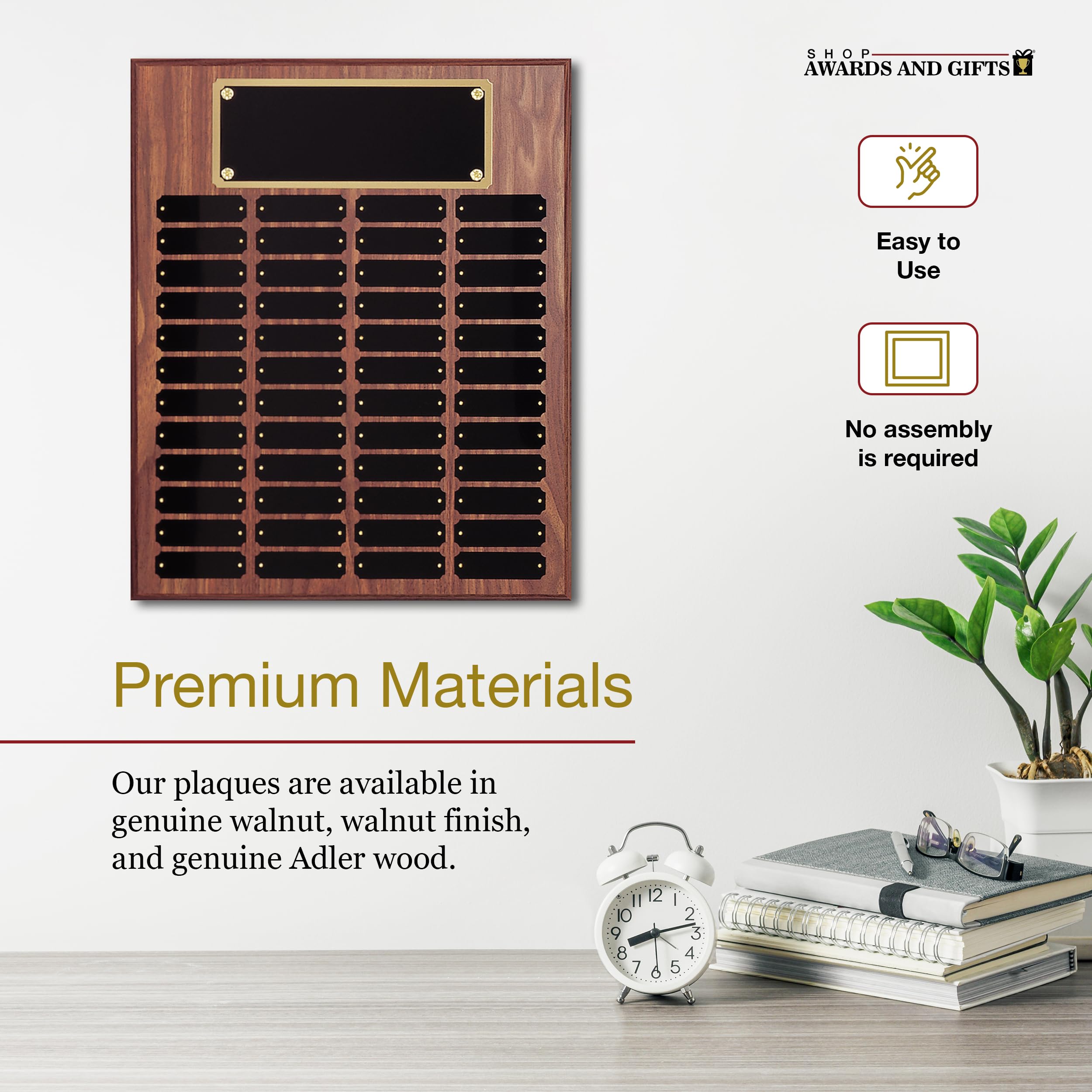 16 x 20 Inch Walnut Perpetual Plaque Award Board - Employee Recognition & Achievement Award with Gold Header - 48 Name Plates for Office Appreciation, Corporate Gifts, and Milestone Celebrations