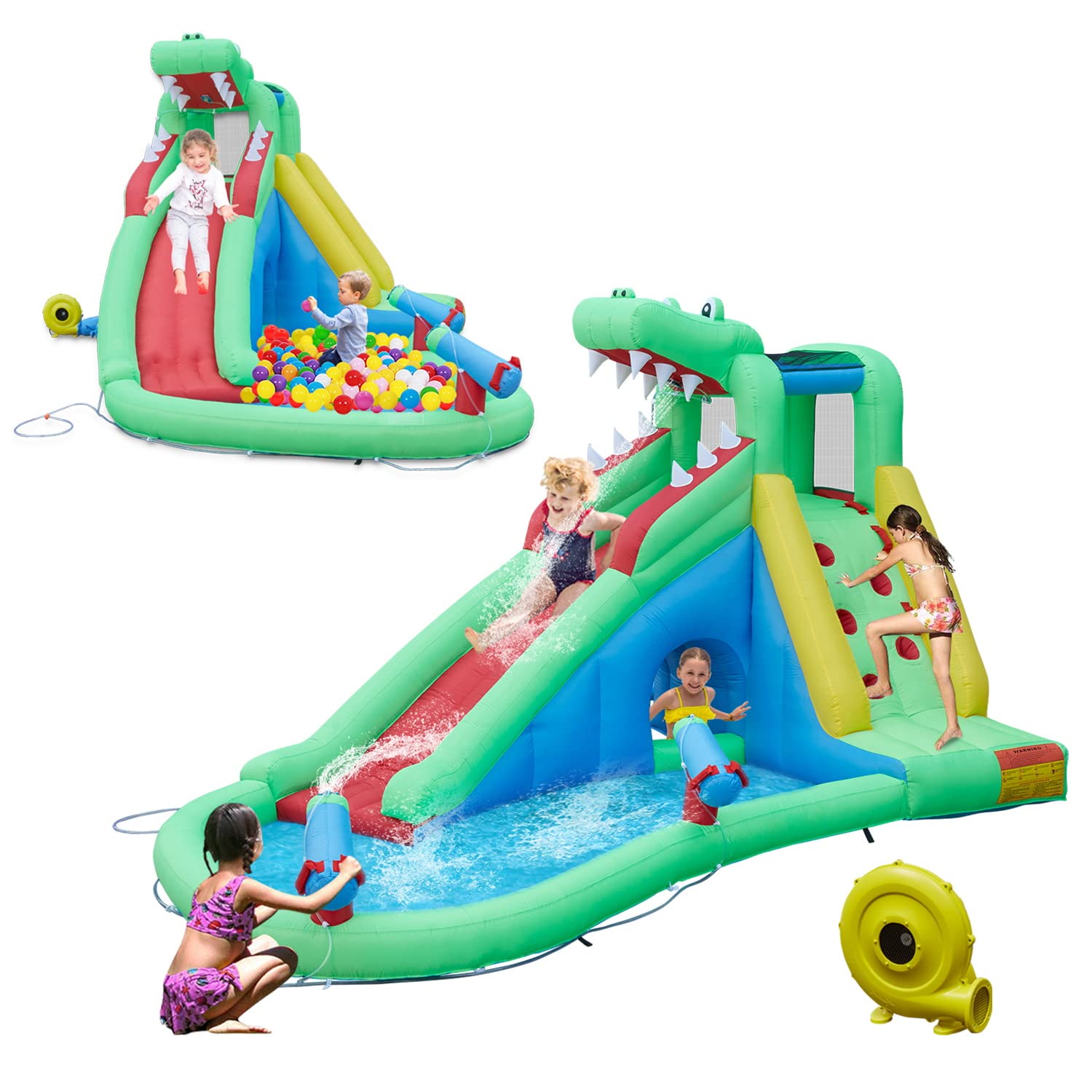 Kinbor Crocodile Inflatable Water Slide - Kids Outdoor Water Park Bouncer with Climbing Wall, Long Slide, Splash Pool & Water Gun | Perfect for Backyard Parties, Summer Fun, Indoor Play Centers & Birthday Celebrations