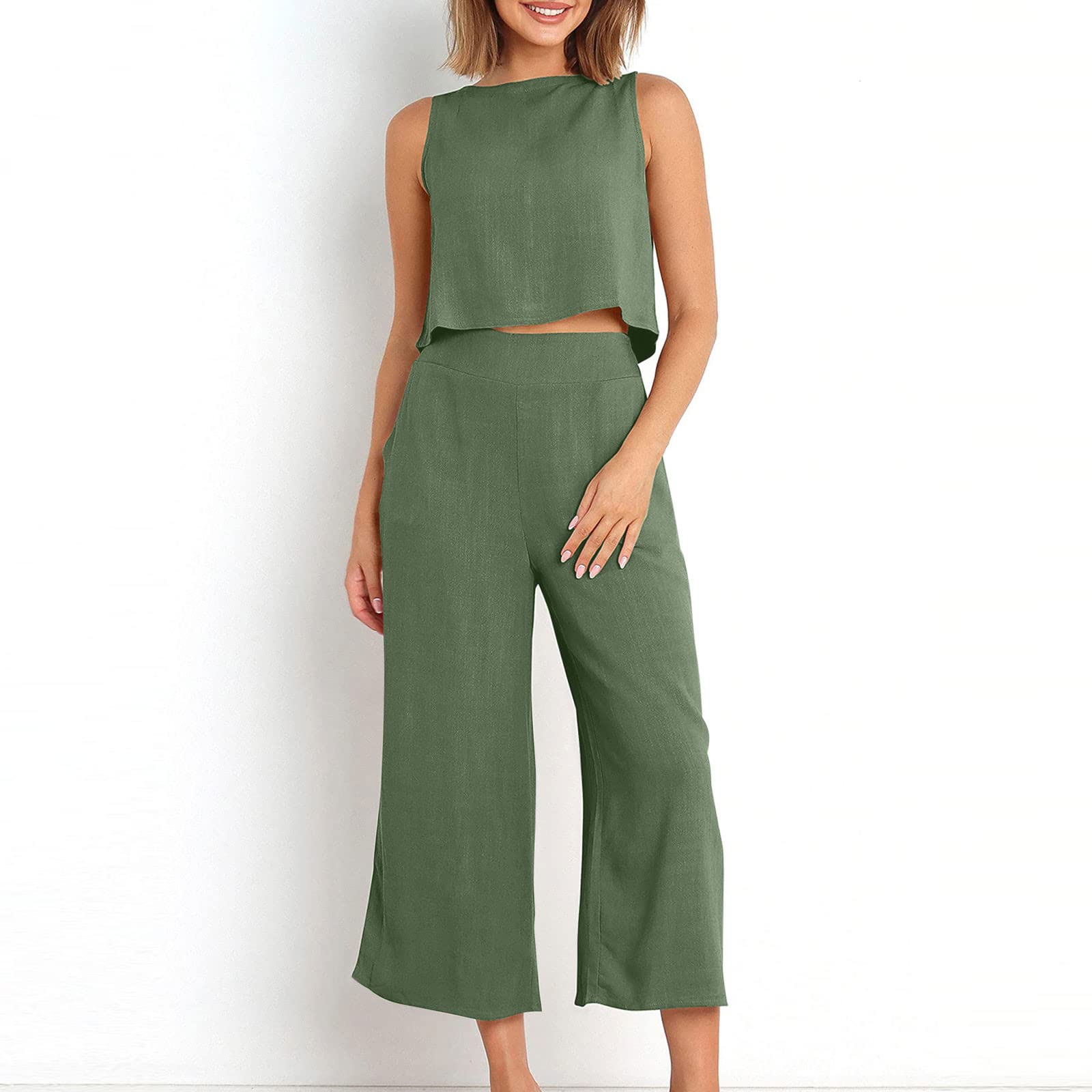 Women's 2-Piece Linen Outfit Set - Sleeveless Crop Top & Wide Leg Pants | Summer Matching Lounge Set | Perfect for Beach Vacations, Casual Outings & Boho Style