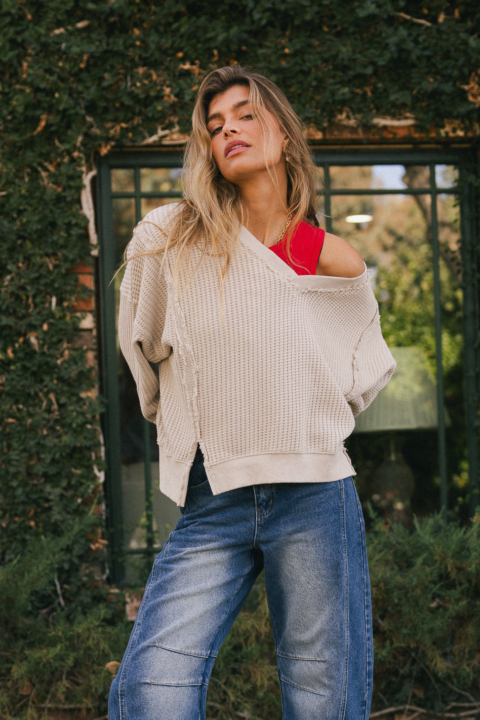 Ellis Waffle Knit Top Women's Light Grey Long Sleeve Casual Shirt - Perfect for Fall Layering, Coffee Dates & Weekend Outfits