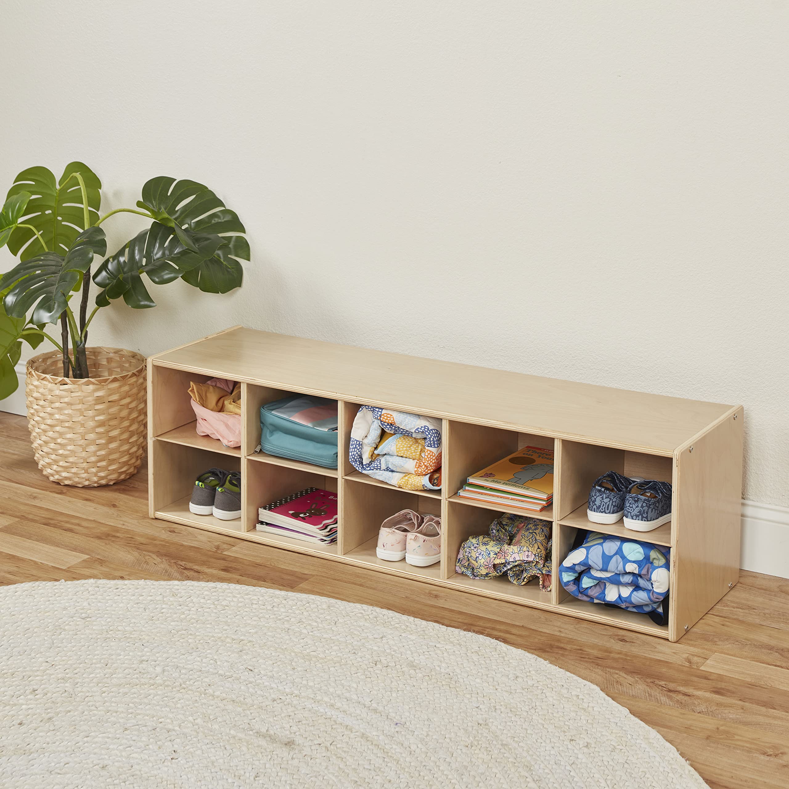 ECR4Kids 10-Cubby Storage Cabinet with Trays, 2x5 Organizer for Classroom, School, or Home - Natural Wood Kids Toy & Book Storage Shelf
