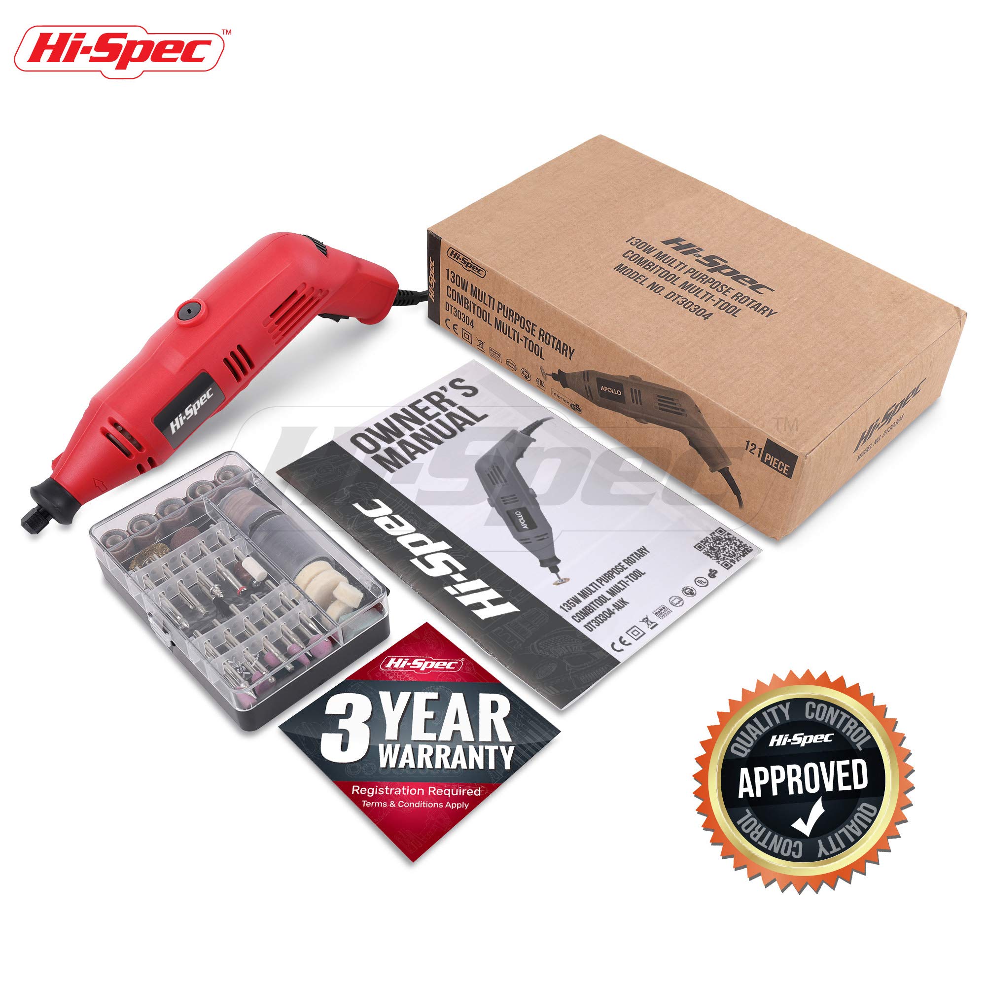Hi-Spec 130W Rotary Tool Kit with 121-Piece Dremel Compatible Accessories - Perfect for Drilling, Cutting, Grinding & Sanding in DIY Projects, Home Repairs, Woodworking & Crafting