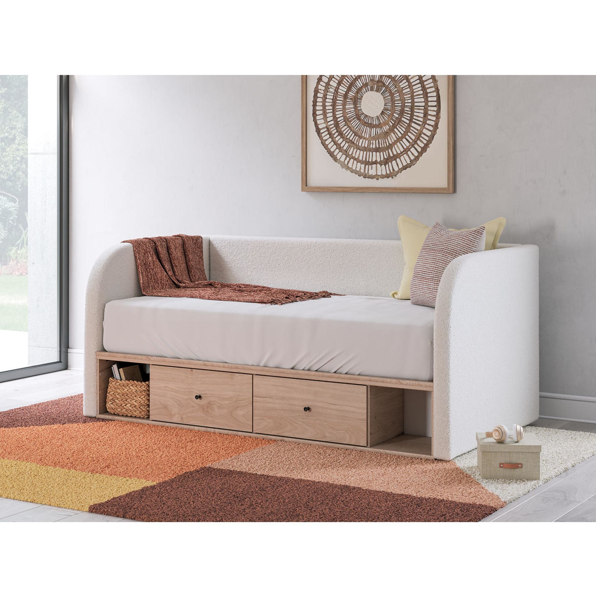 Arloster Daybed with Storage - Tan/White Upholstered Sofa Bed for Small Spaces, Guest Room & Living Room