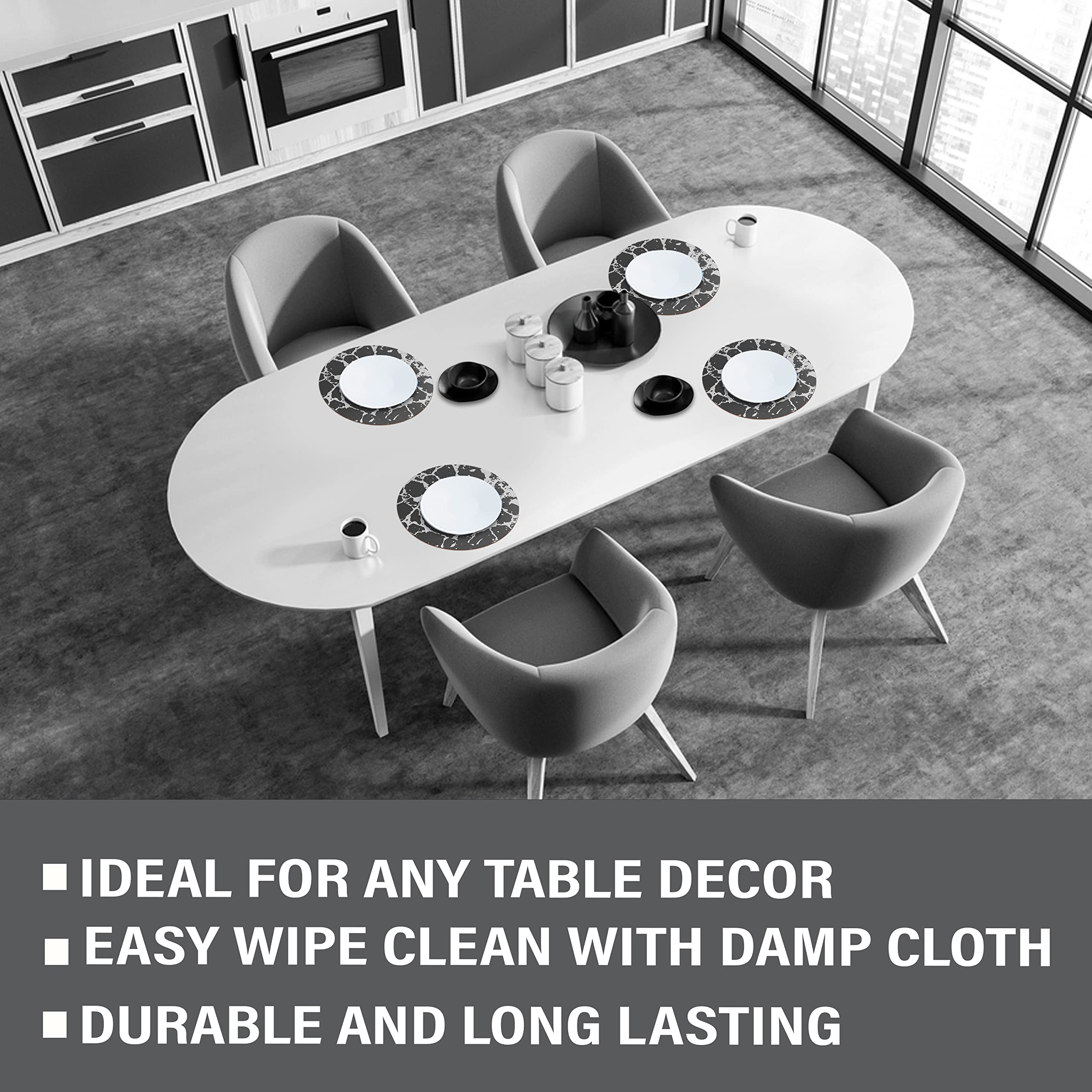 Elegant Black Silver Marble Round Cork Placemats Set of 2 - 15