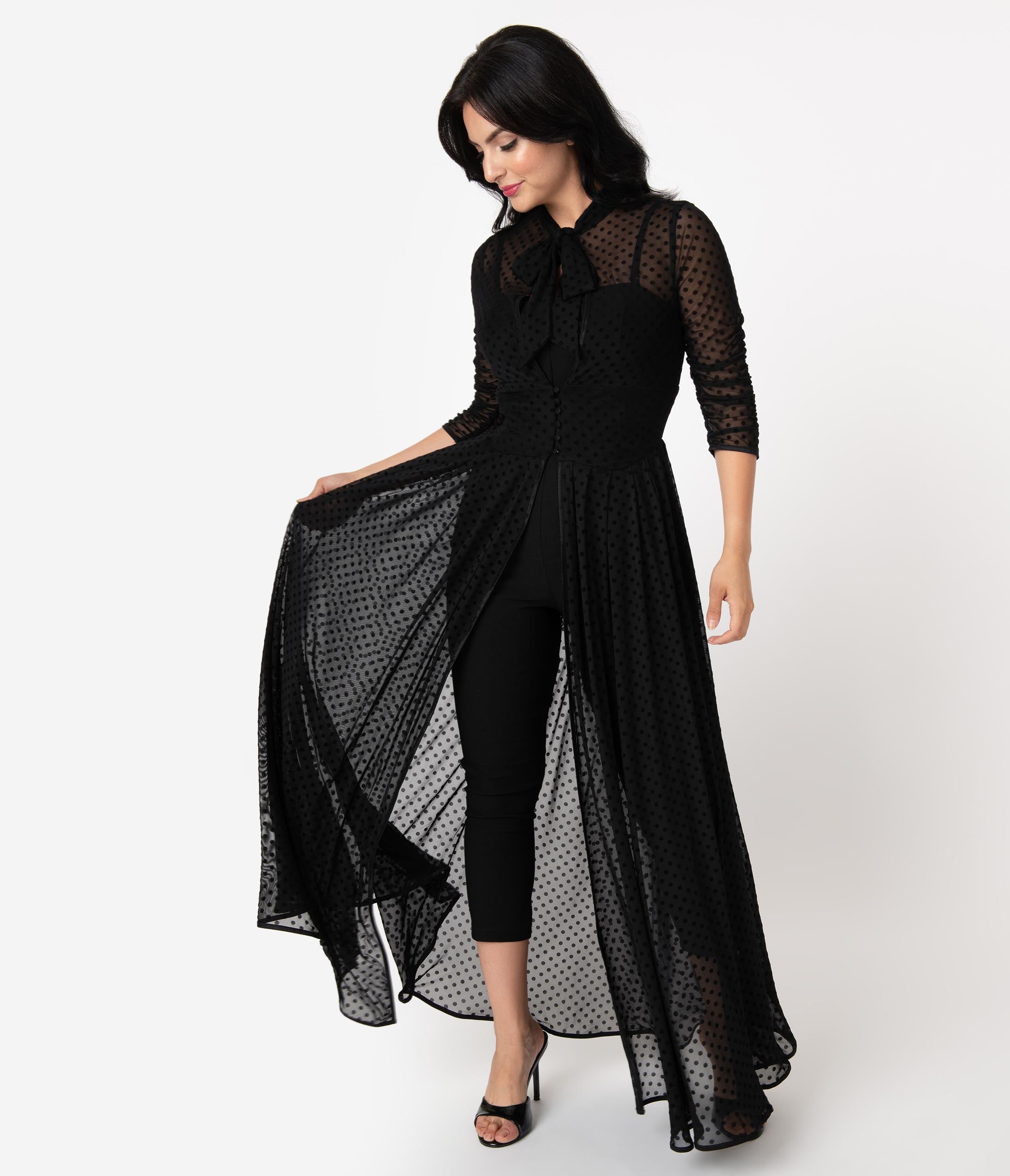 Vintage Black Swiss Dot Starlet Duster - Retro Elegant Lace Kimono Cover Up for Women | Perfect for Evening Parties, Weddings & Special Occasions