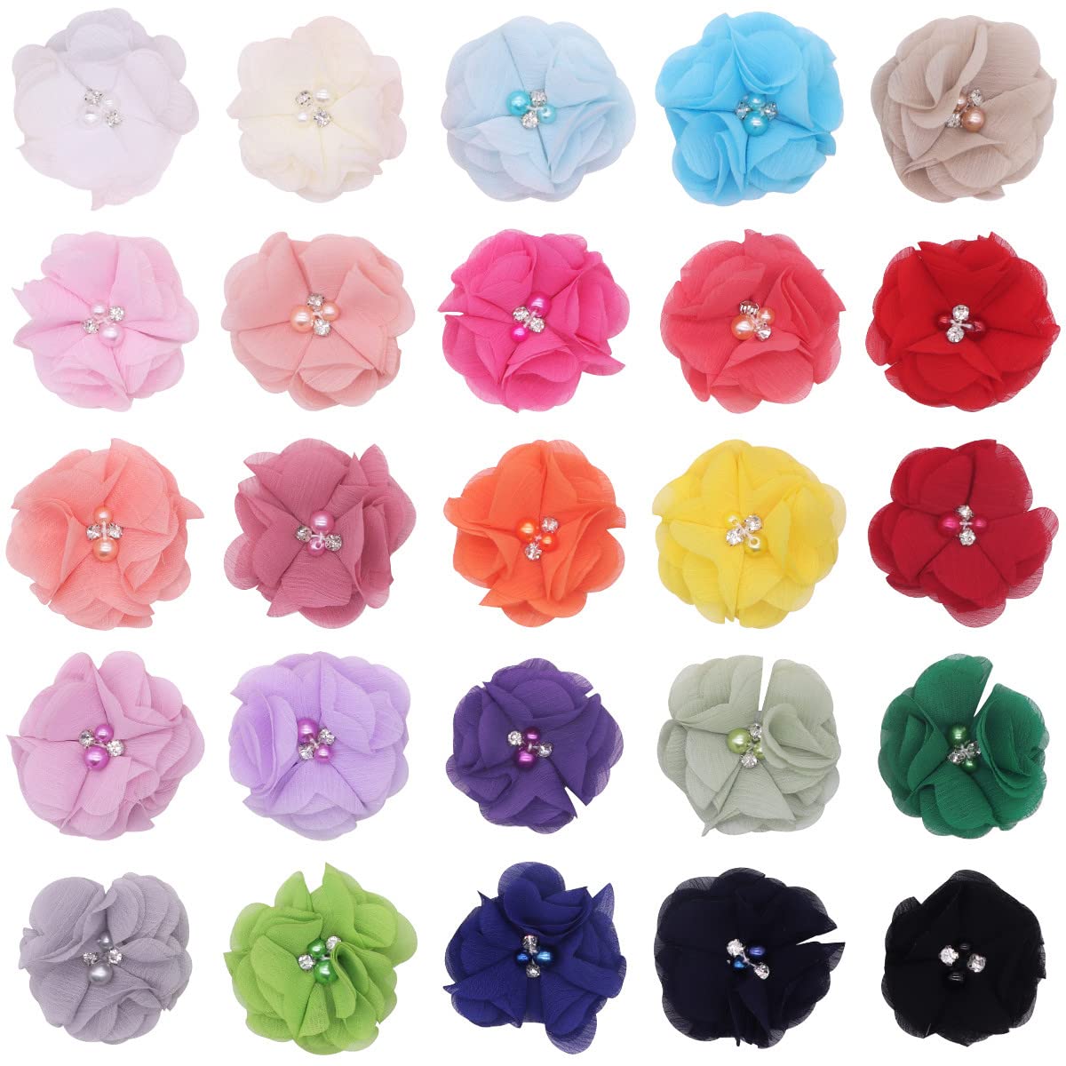 20 Pcs Chiffon Flowers with Pearl Rhinestones - DIY Craft Supplies for Handmade Headbands, Hair Clips, Jewelry Making - Perfect for Kids' Hair Accessories & Wedding Decor (Multicolor)