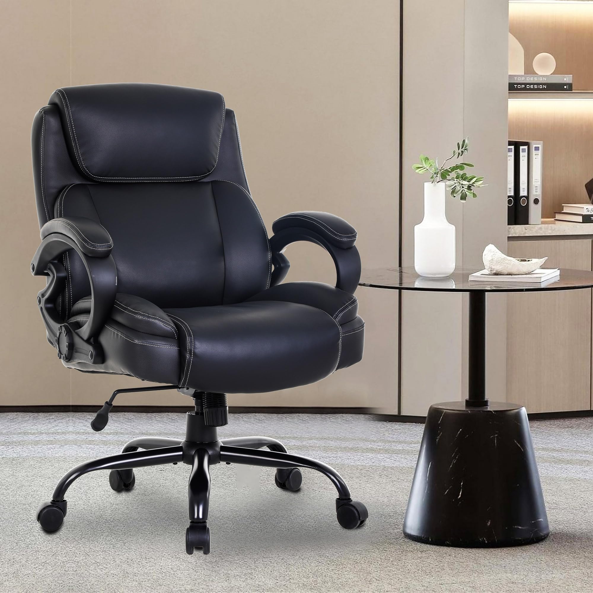 Big and Tall Office Chair 400lbs Capacity - Wide Seat Ergonomic Computer Chair with Adjustable Arms & Lumbar Support - PU Leather High Back Executive Desk Chair for Back Pain Relief - Perfect for Home Office, Gaming & Workspaces (Black)