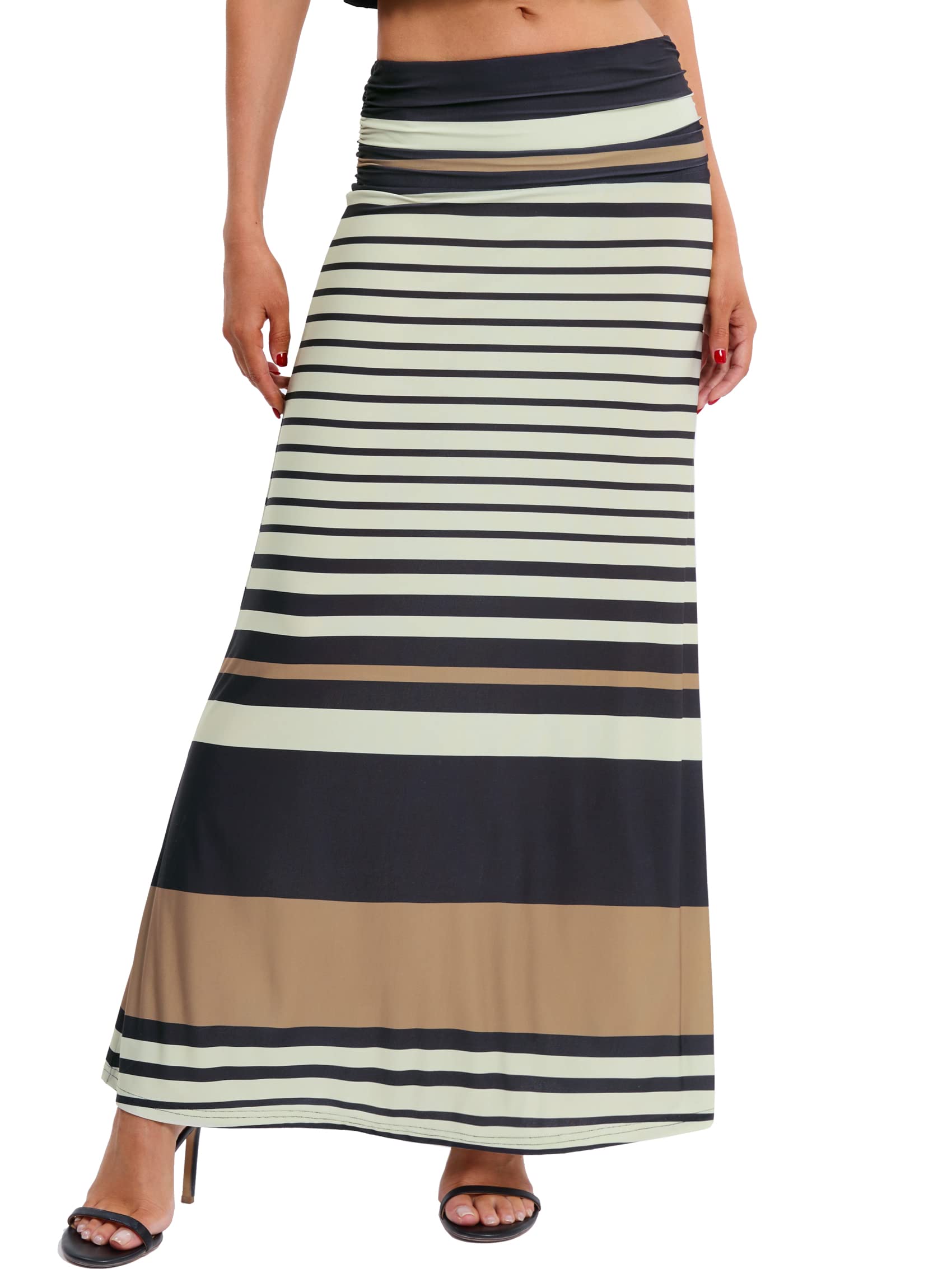 BAISHENGGT Women's Elegant Ruched High Waist Flare Maxi Skirt - Long Flowy Floor Length Skirt for Casual, Beach & Evening Wear
