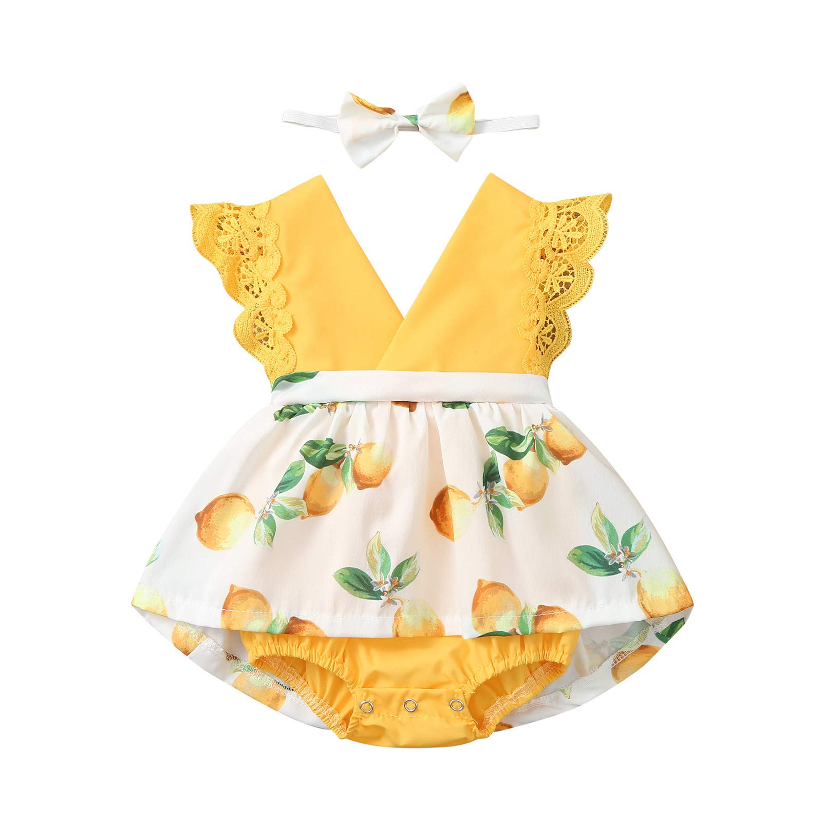 **Toddler Girls Summer Casual Dress - Lace Lemon Print Romper with Headband | Princess Outfit for Baby & Kids | Perfect for Beach, Party & Playtime**