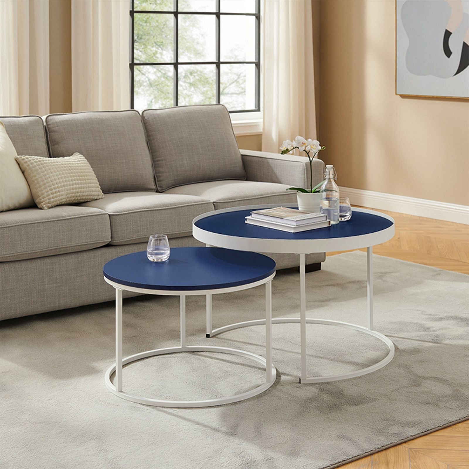 Urban Style Nested Coffee Table Set - Blue & White Modern Nesting Tables for Living Room, Small Space Furniture, Home Decor