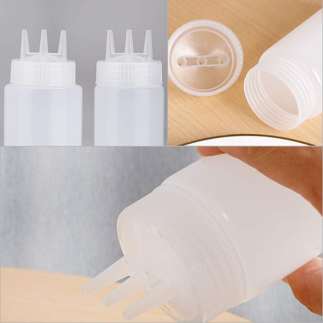 uxcell 23oz Plastic White 3 Hole Squeeze Bottles - Leakproof Condiment Dispenser for Ketchup, Syrup, Dressings, Sauces - Perfect for Kitchen, Restaurant, BBQ & Food Storage