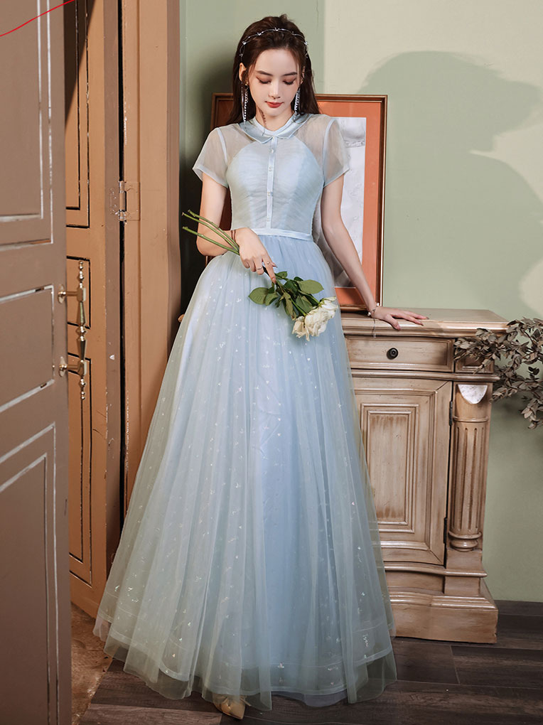 Elegant Blue A-Line Tulle Long Prom Dress for Women - Formal Evening Gown for Homecoming, Wedding, and Special Occasions